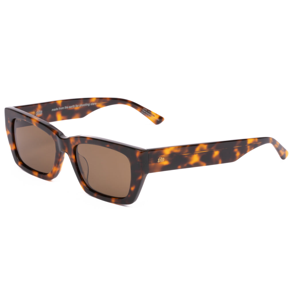 Sunglasses with tortoiseshell frame and brown lenses on a white background