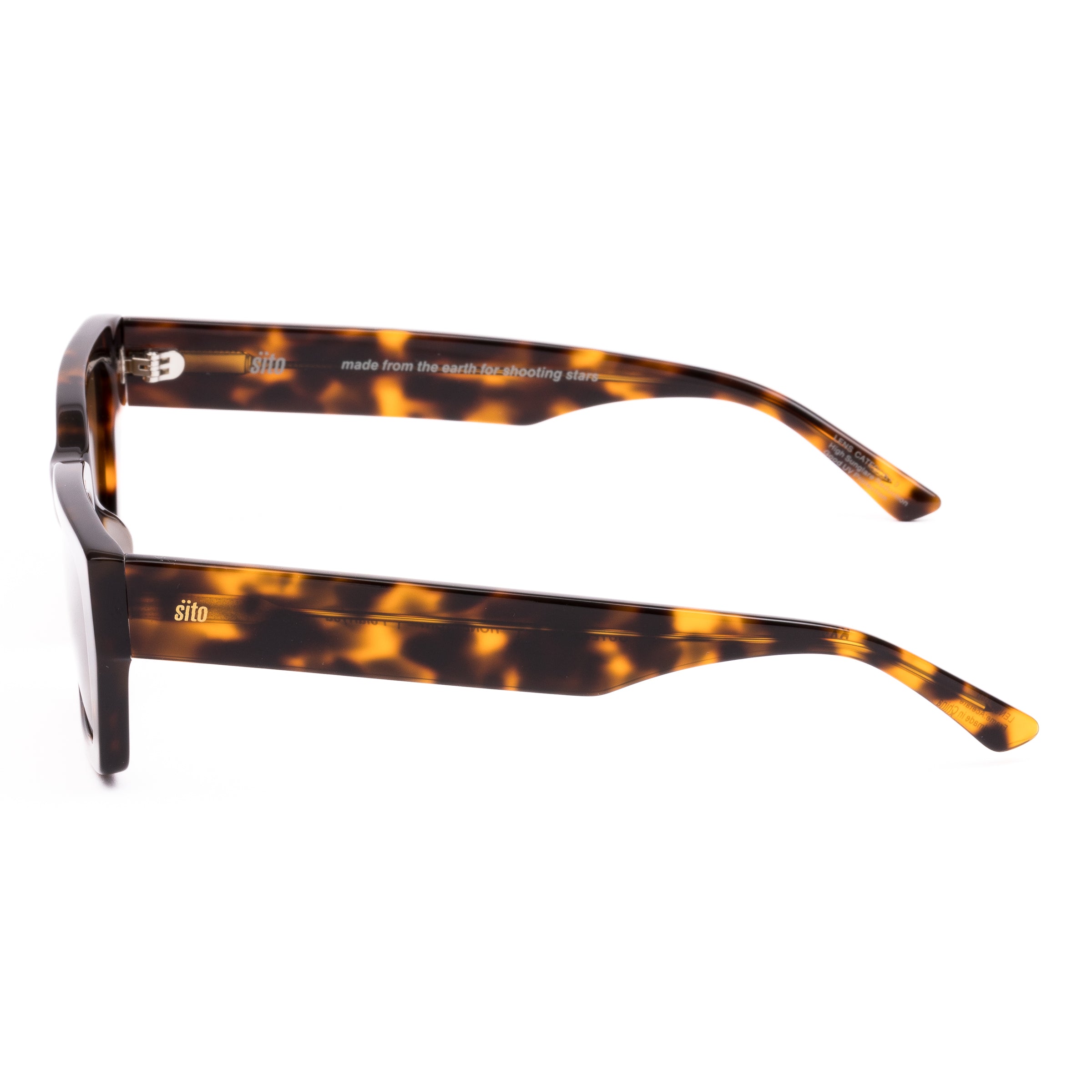 Sunglasses with tortoiseshell frame and brown lenses on a white background
