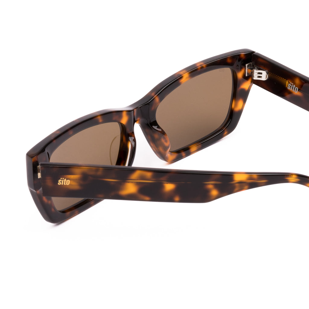Sunglasses with tortoiseshell frame and brown lenses on a white background