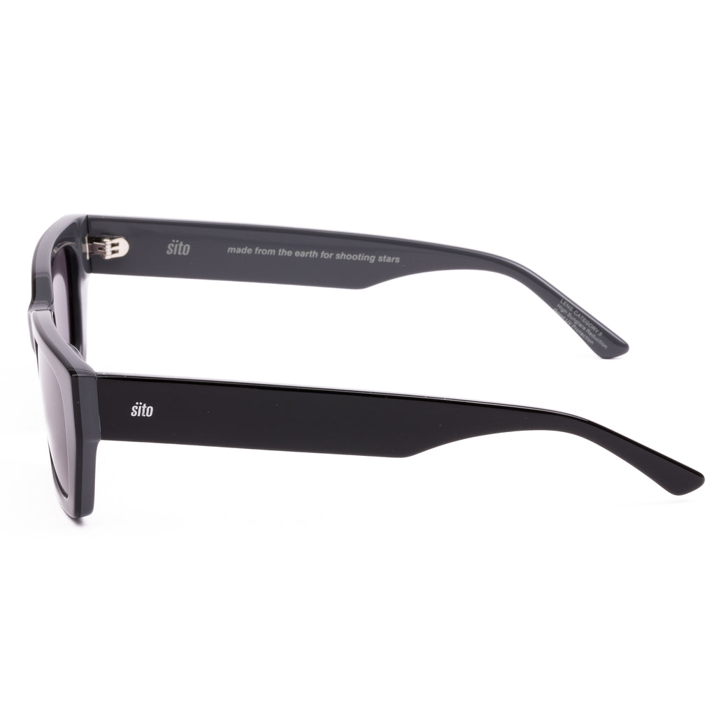 Black sunglasses with 'sito' branding on a white background