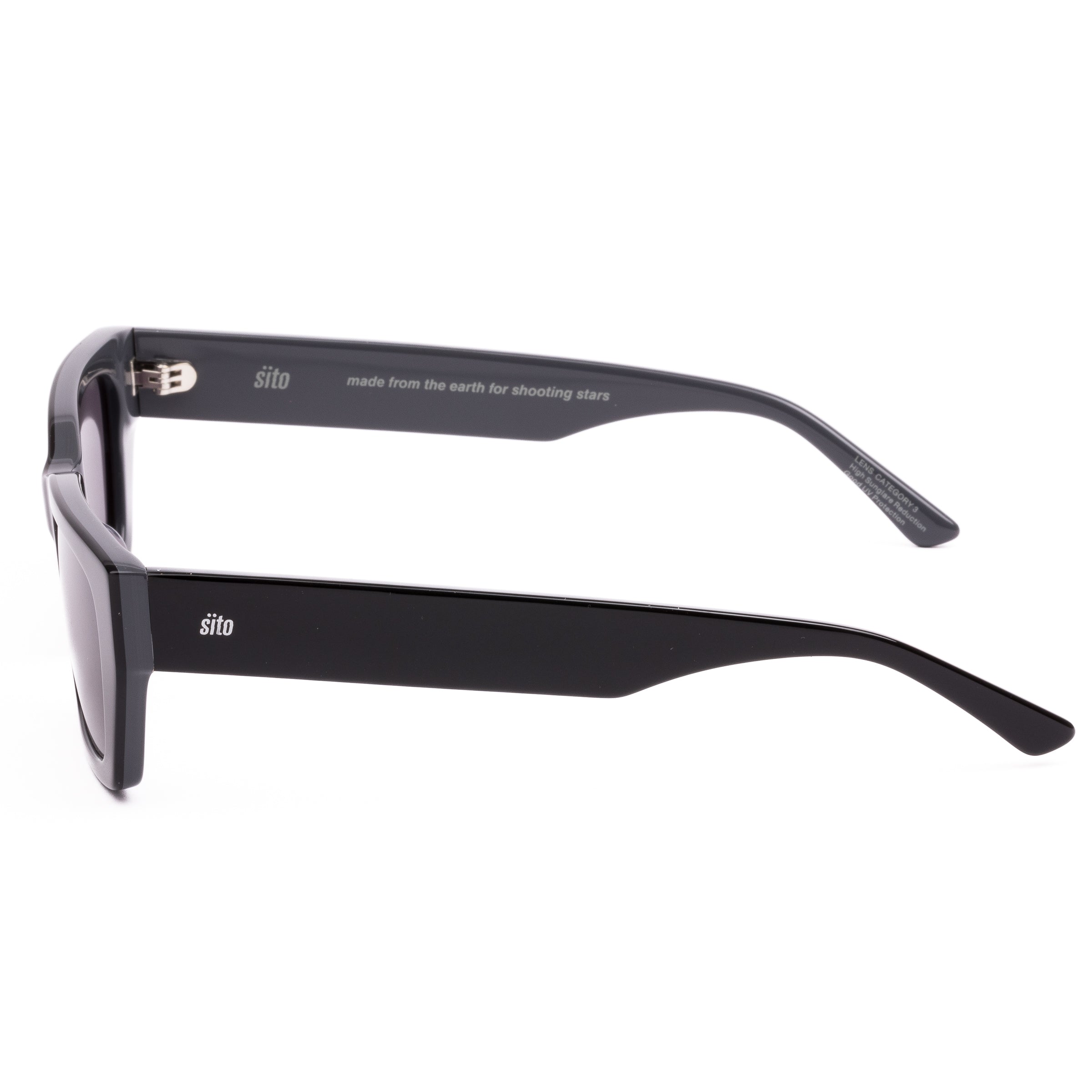 Black sunglasses with 'sito' branding on a white background