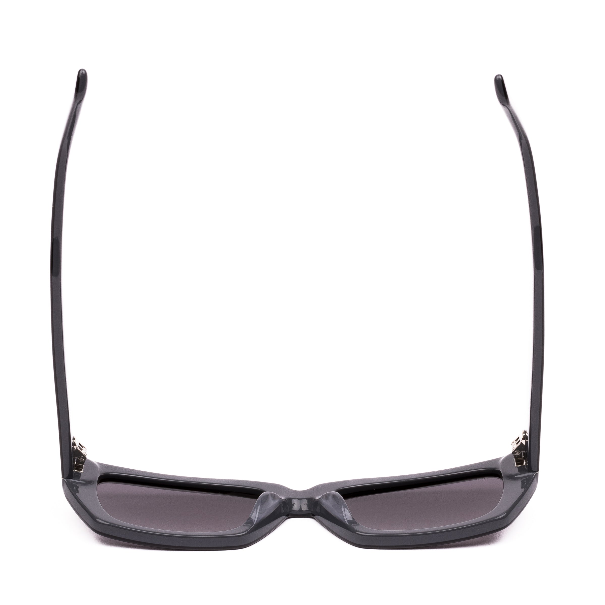 Sunglasses with black frames and dark lenses on a white background