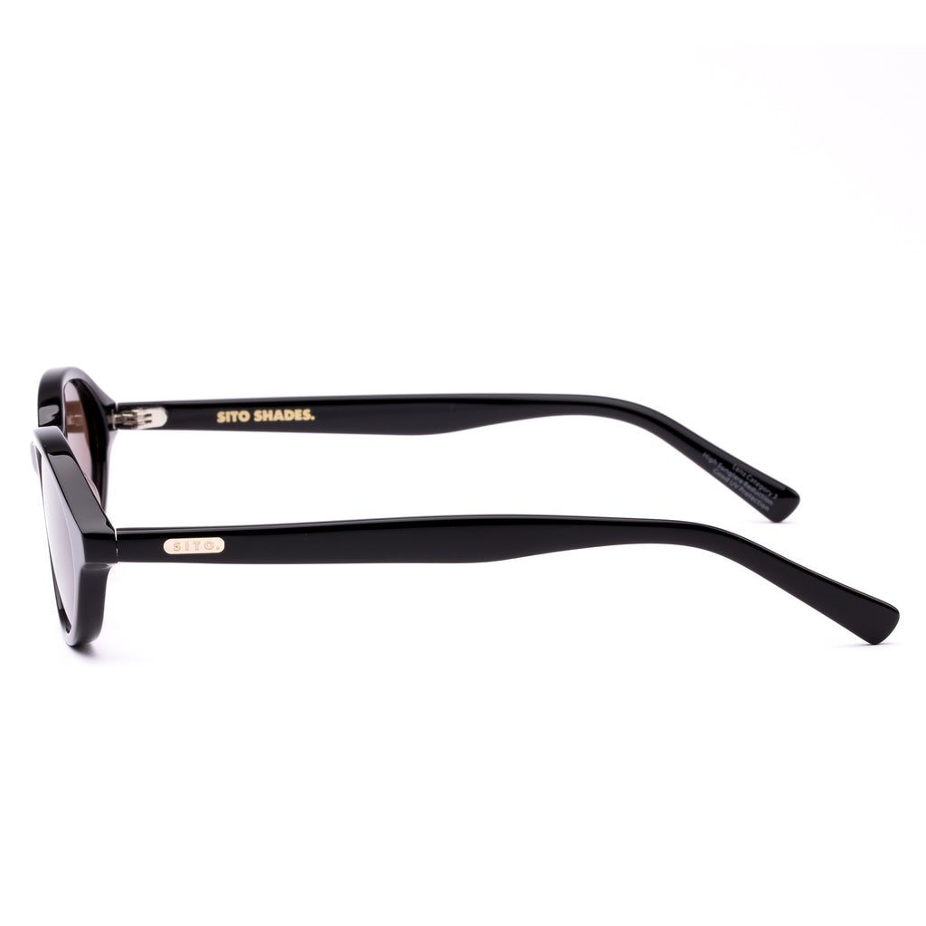 Black sunglasses with brown lenses on a white background