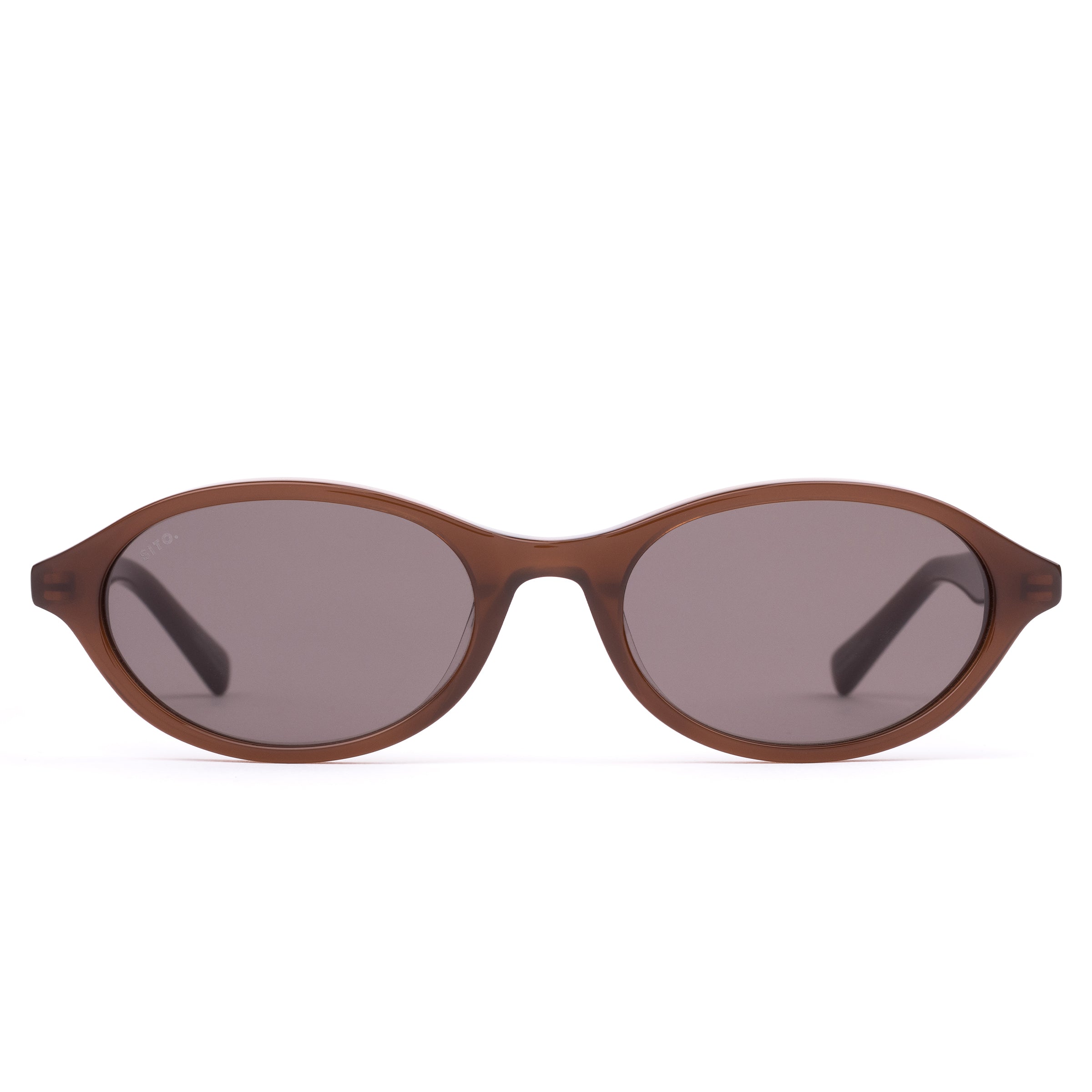 Brown sunglasses with a reflective lens on a white background