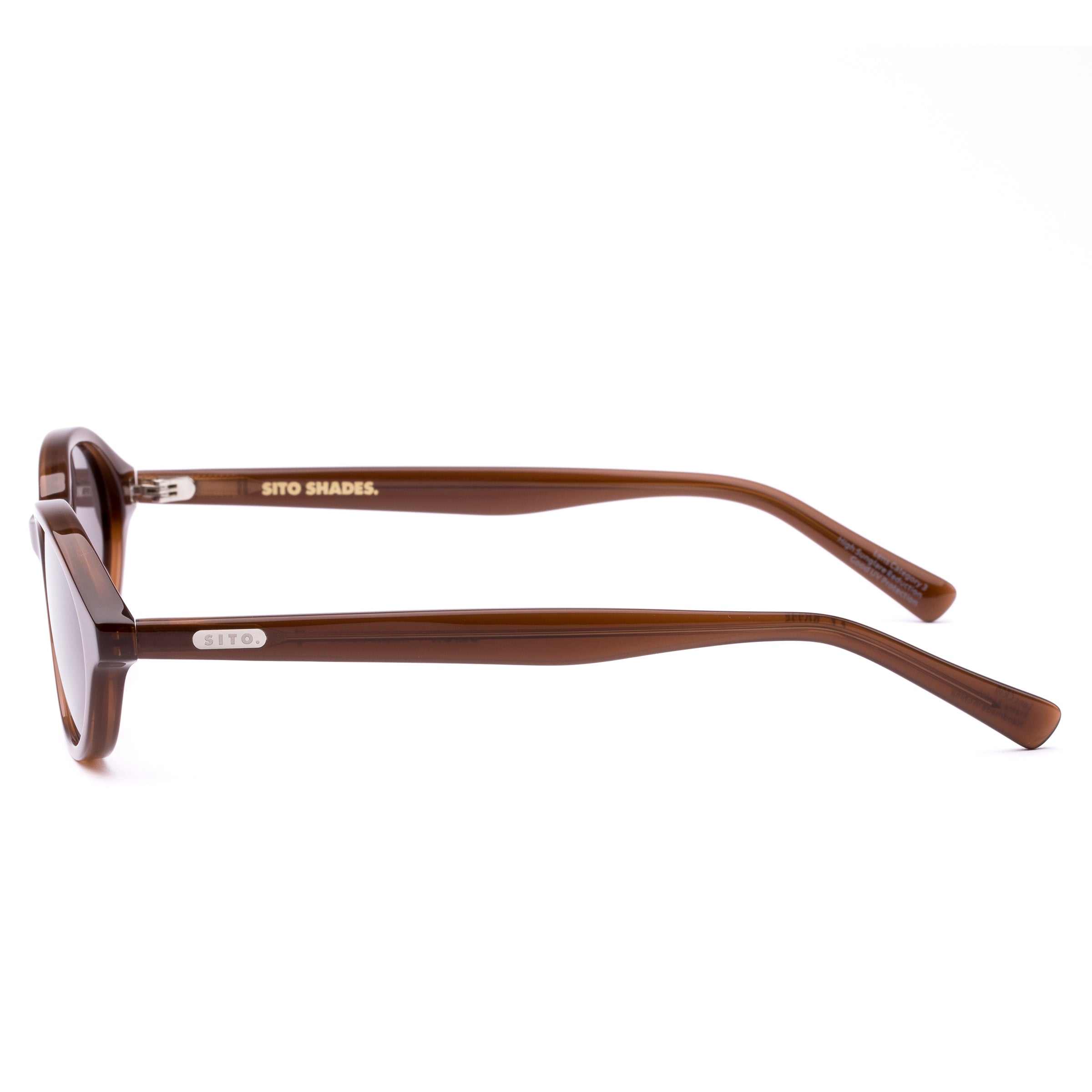 Brown sunglasses with a reflective lens on a white background