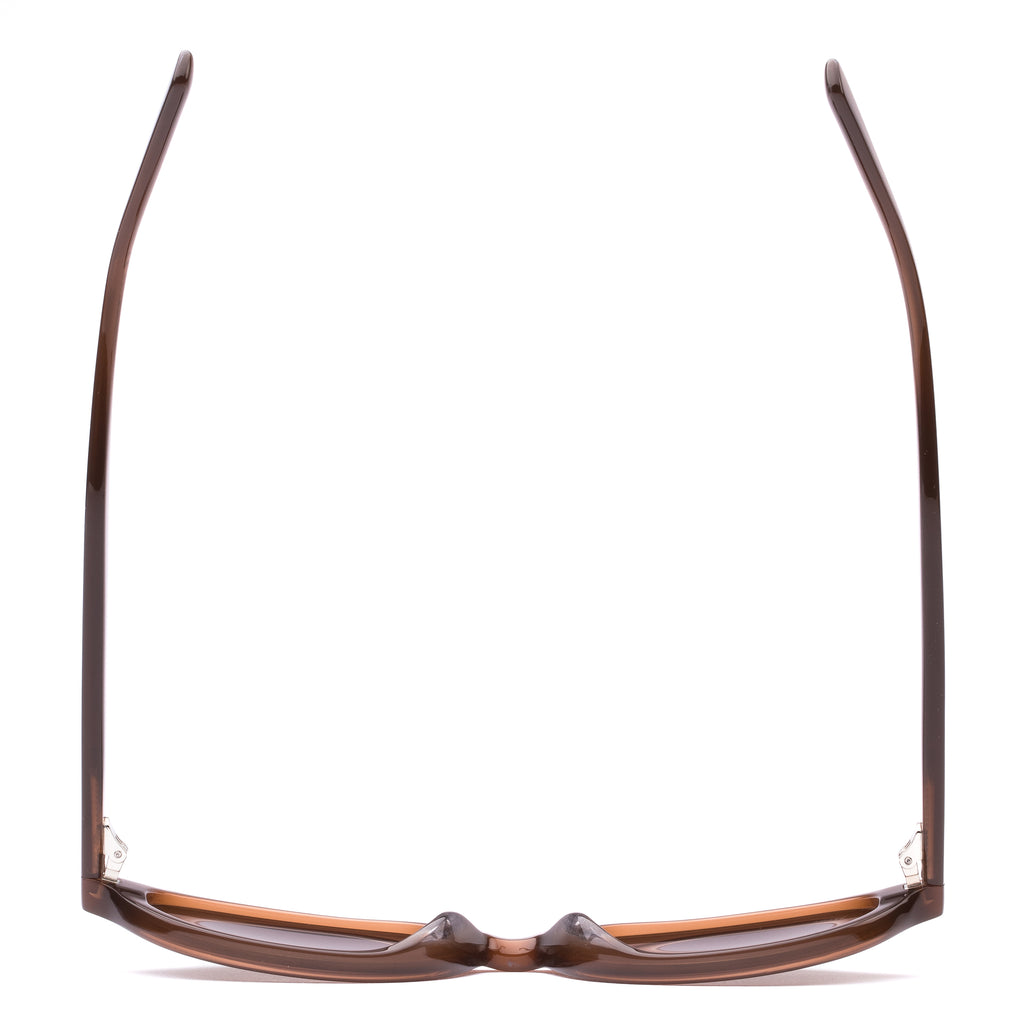 Brown sunglasses with a reflective lens on a white background