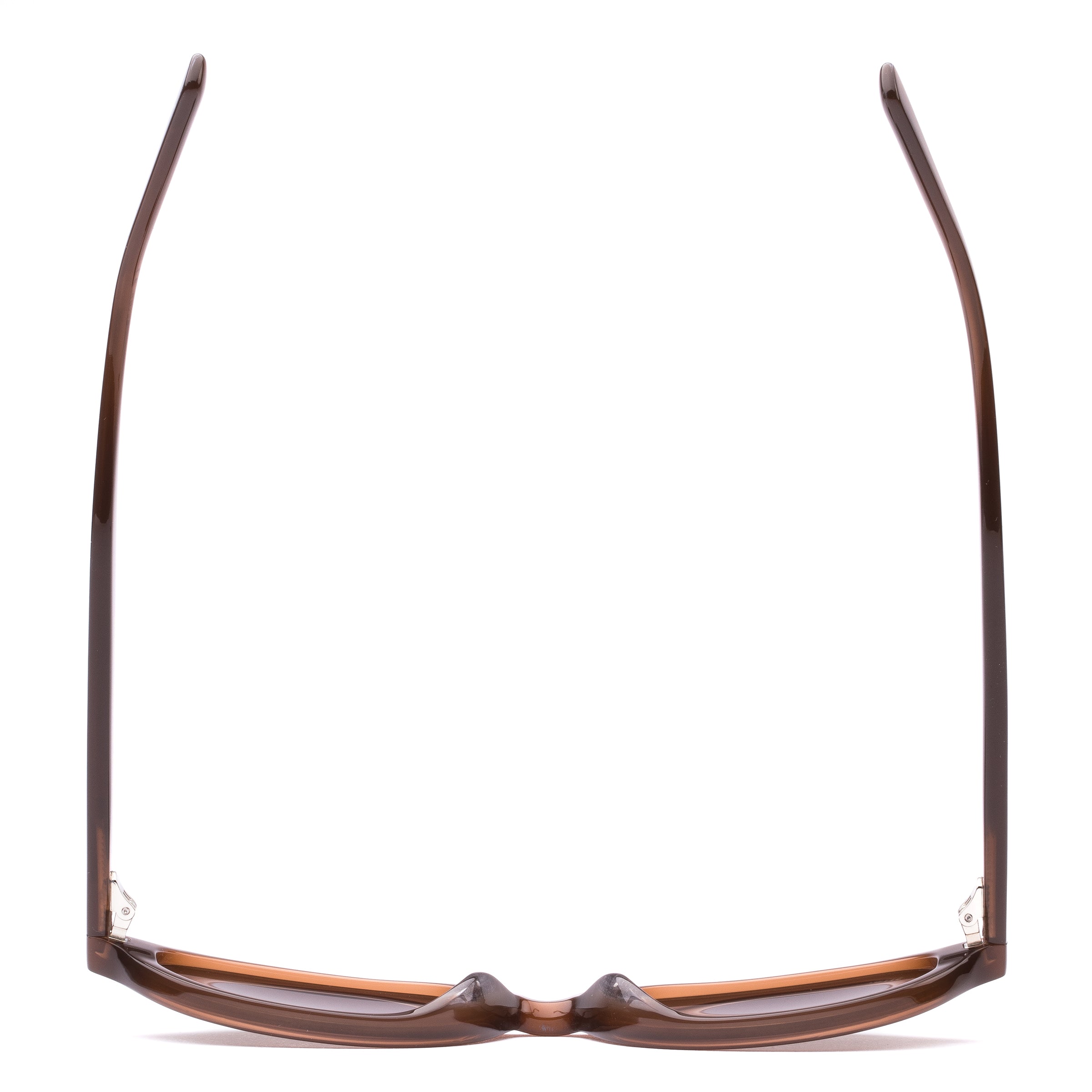 Brown sunglasses with a reflective lens on a white background