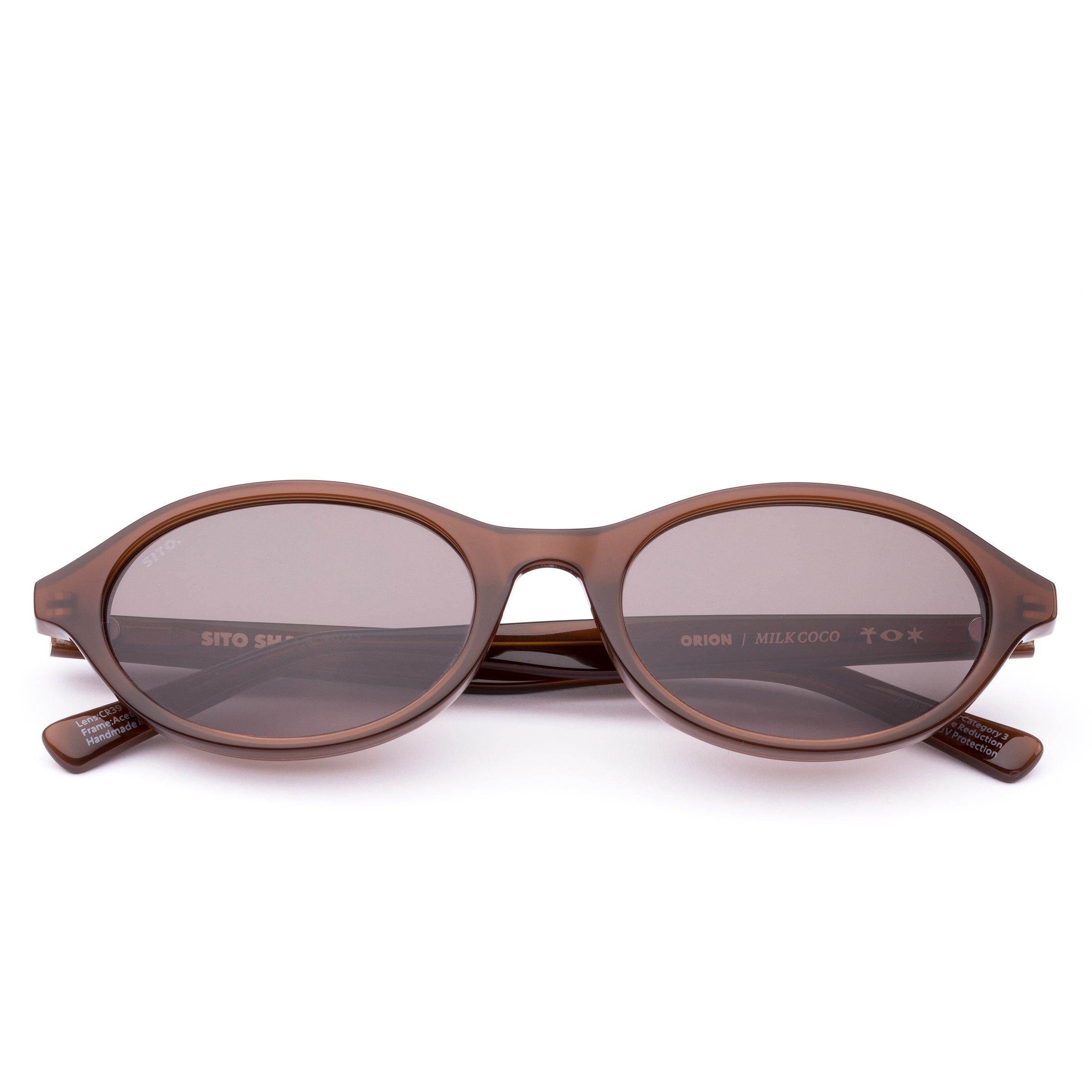 Brown sunglasses with a reflective lens on a white background