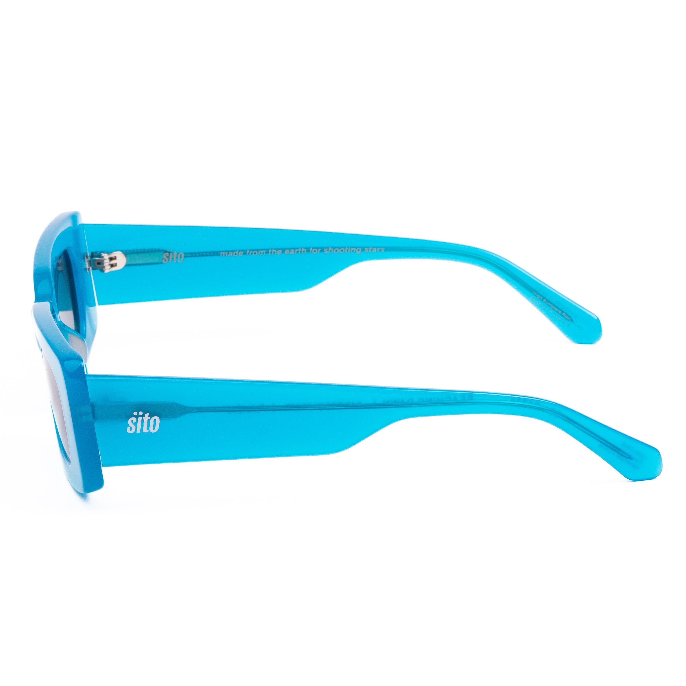 Blue sunglasses with a white background
