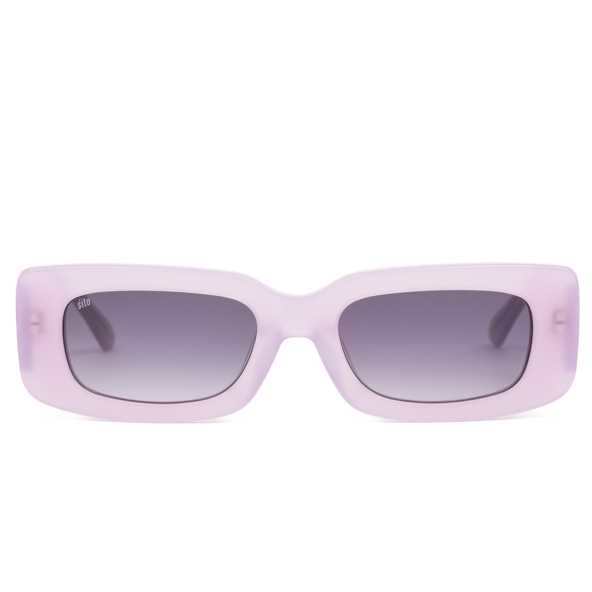 Pink sunglasses with dark lenses on a white background