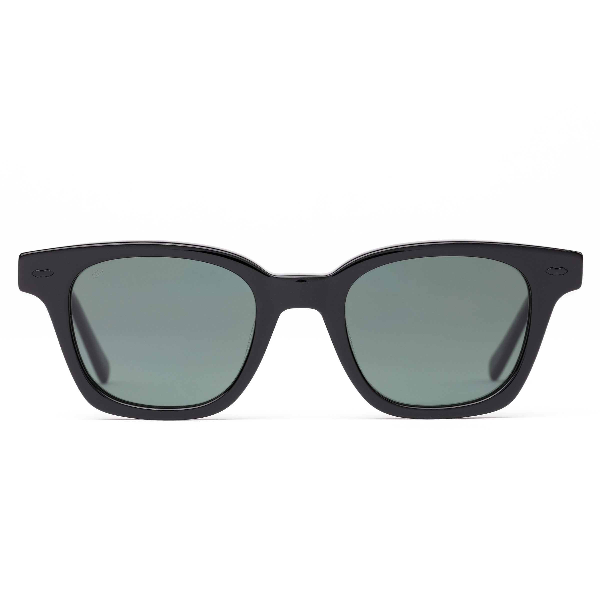 Black sunglasses with dark lenses on a white background