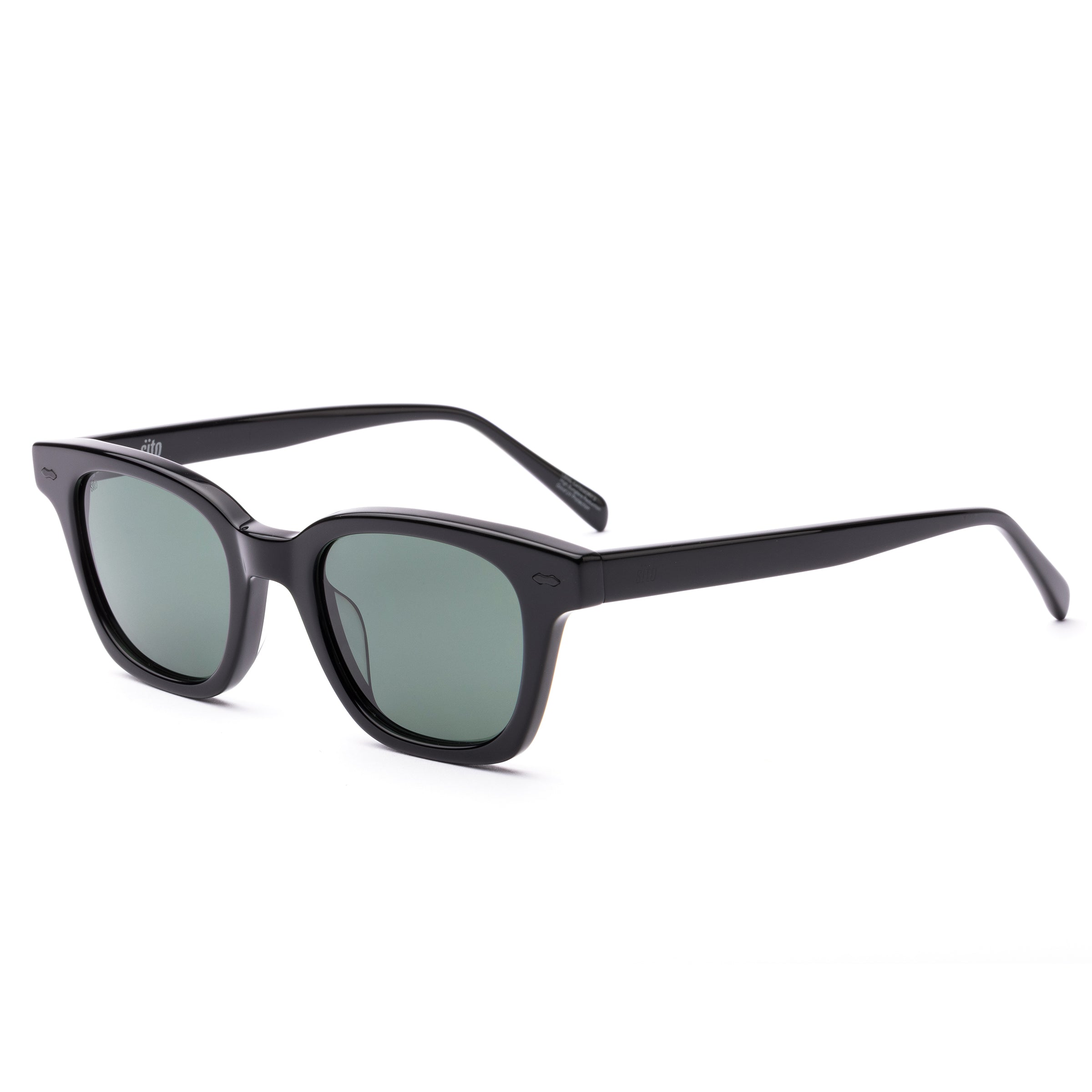 Black sunglasses with dark lenses on a white background