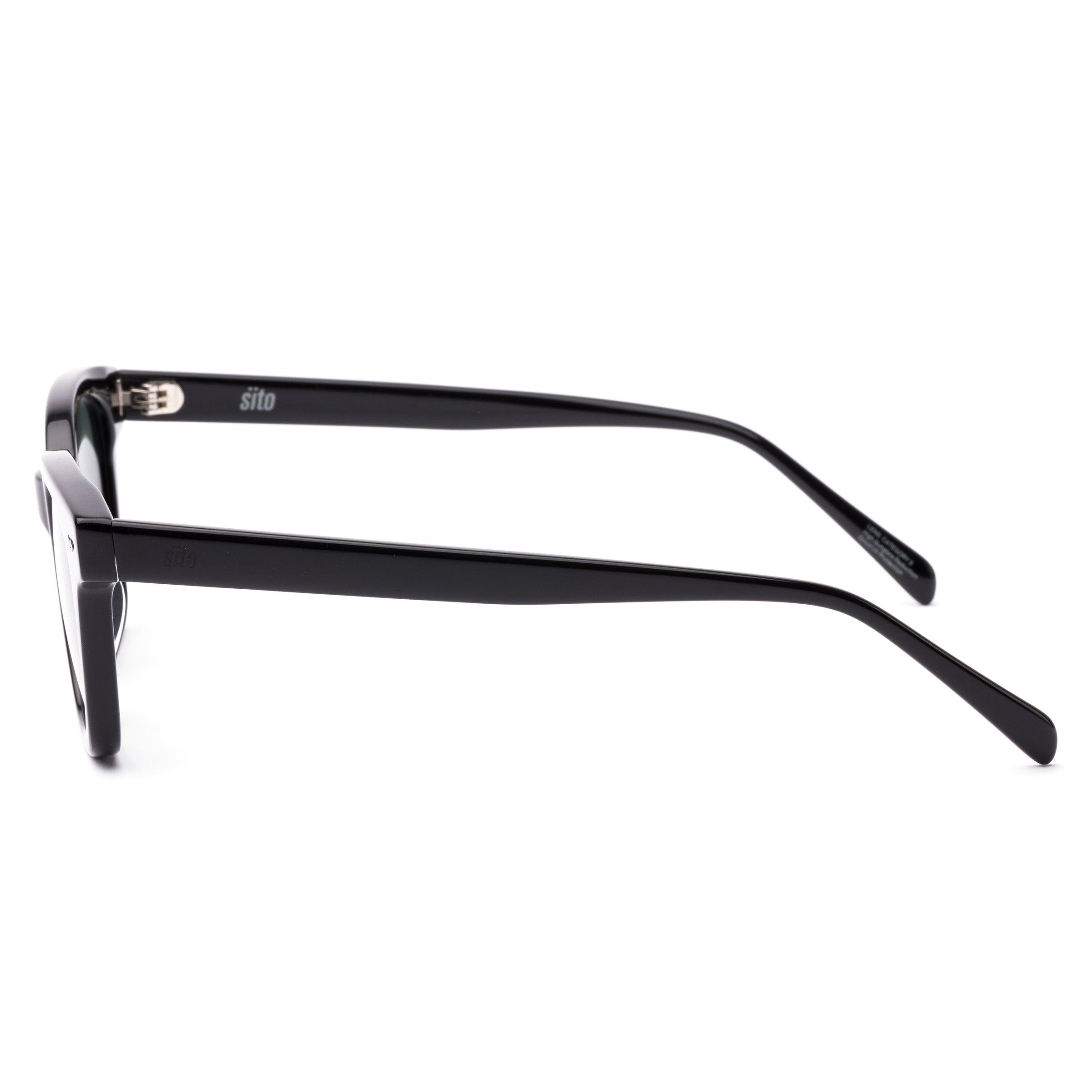 Black sunglasses with dark lenses on a white background