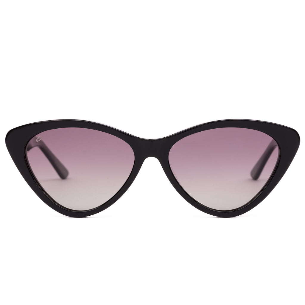 Black cat-eye sunglasses with pink gradient lenses on a white background