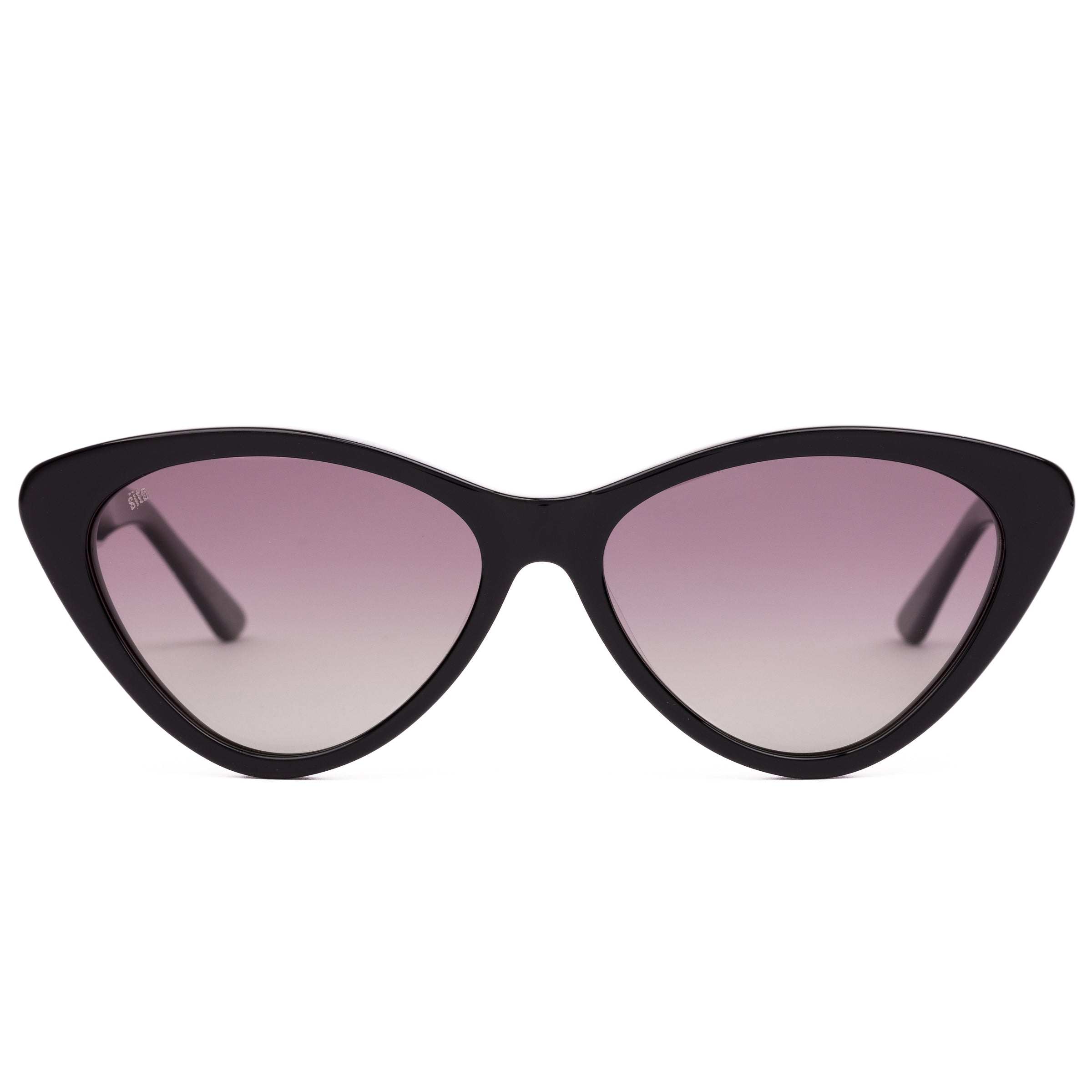 Black cat-eye sunglasses with pink gradient lenses on a white background