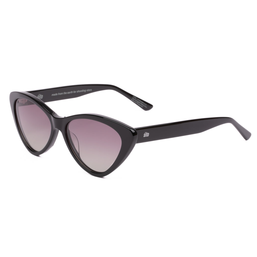 Black cat-eye sunglasses with pink gradient lenses on a white background