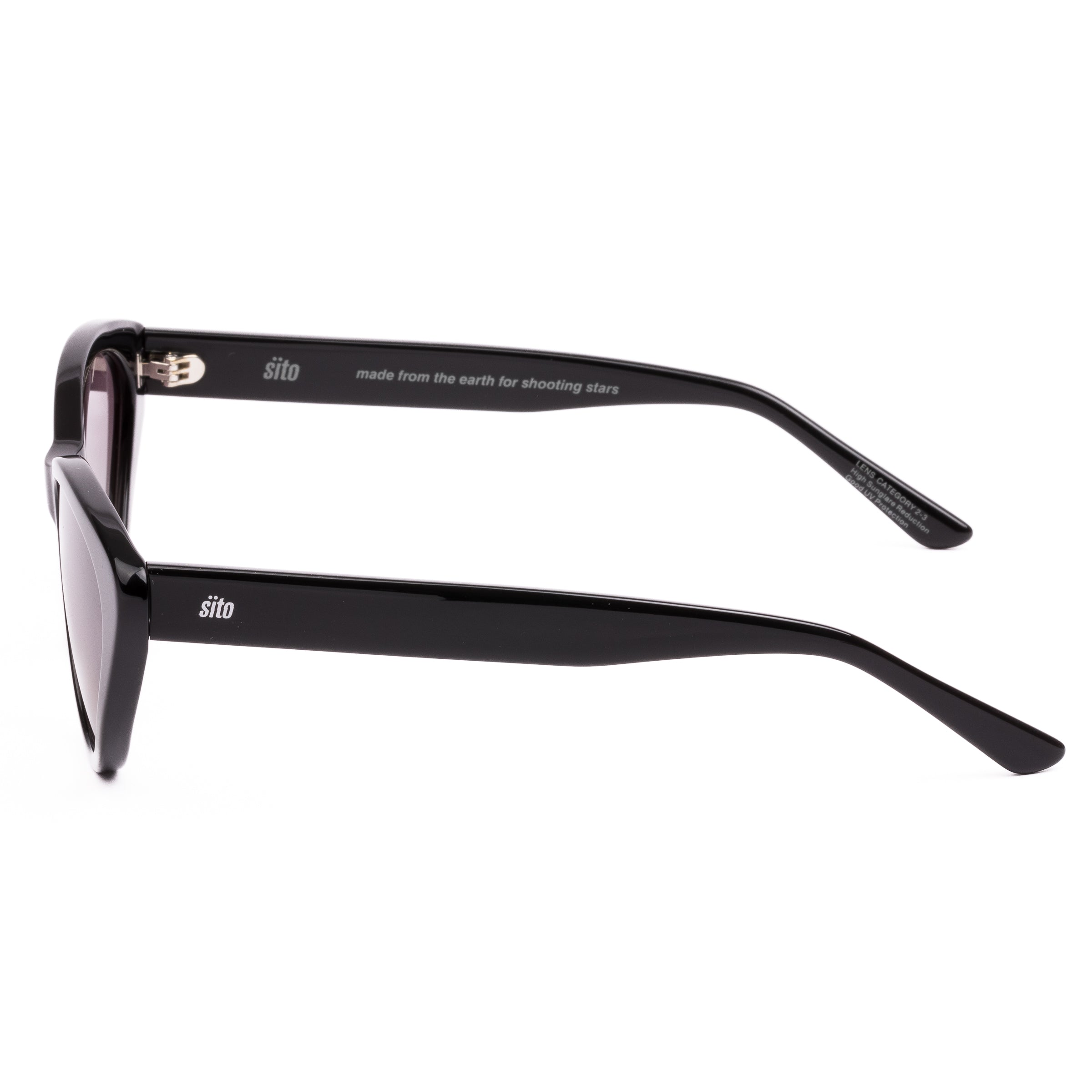 Black cat-eye sunglasses with pink gradient lenses on a white background