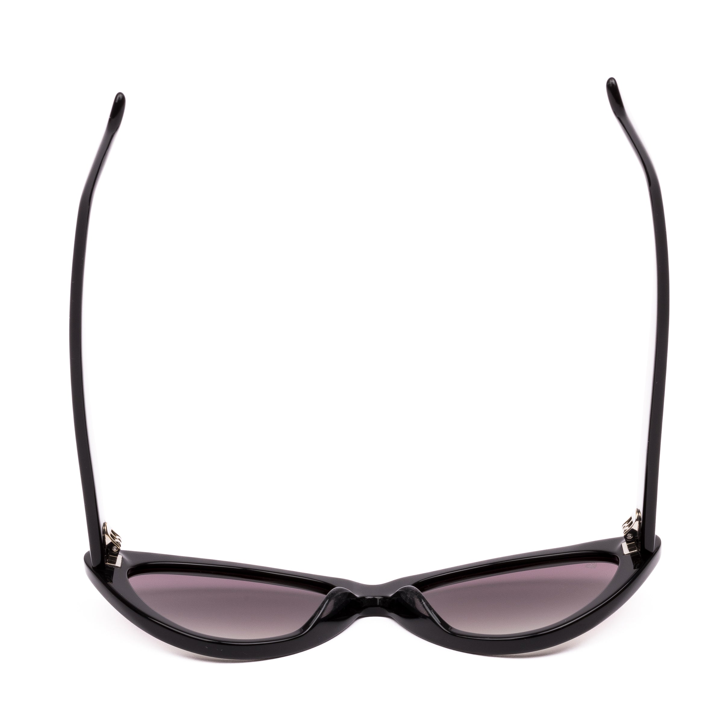 Black cat-eye sunglasses with pink gradient lenses on a white background