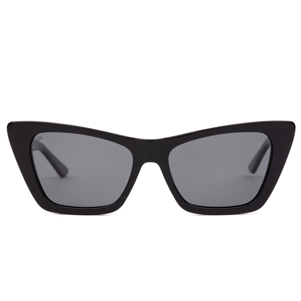 Black cat-eye sunglasses with dark lenses on a white background