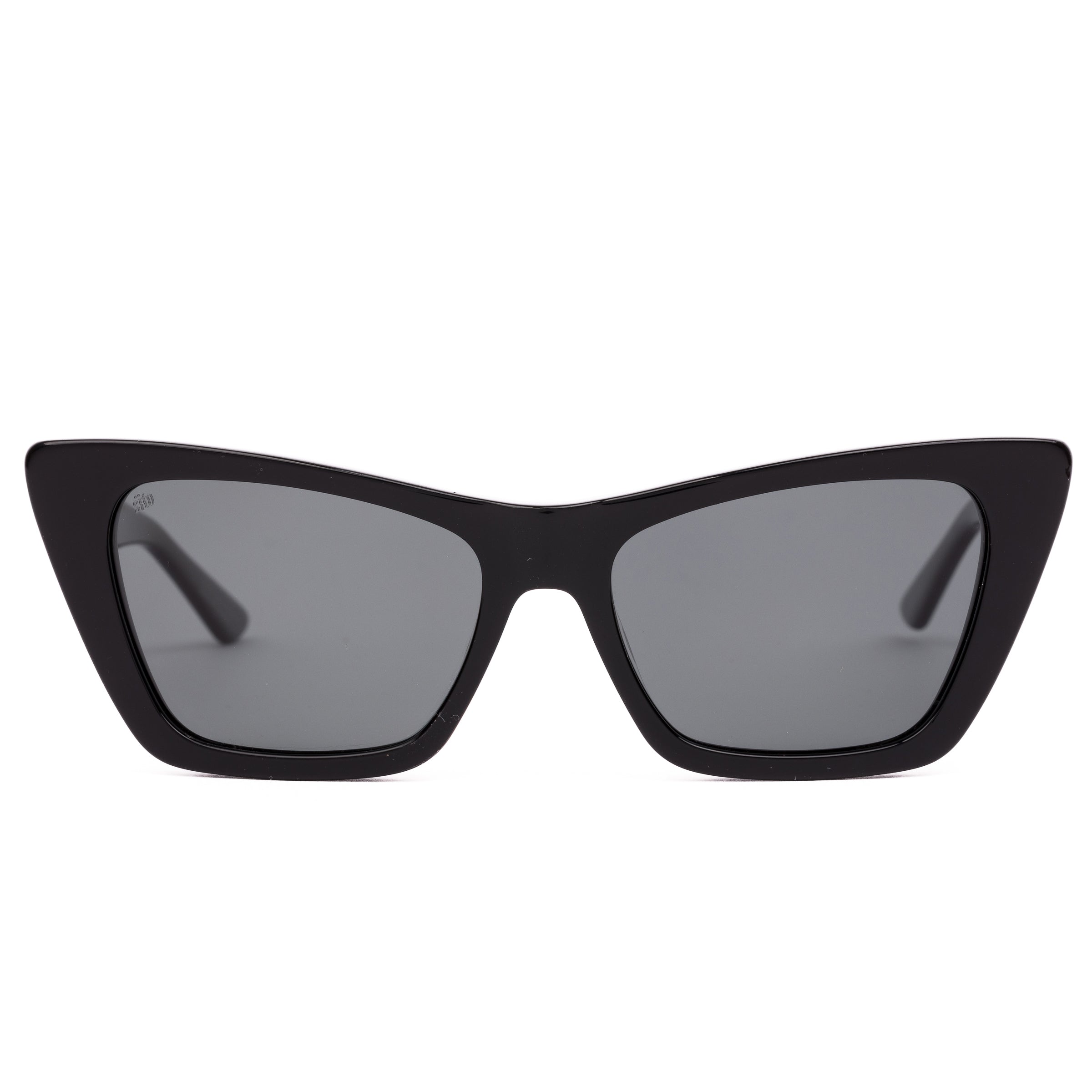 Black cat-eye sunglasses with dark lenses on a white background
