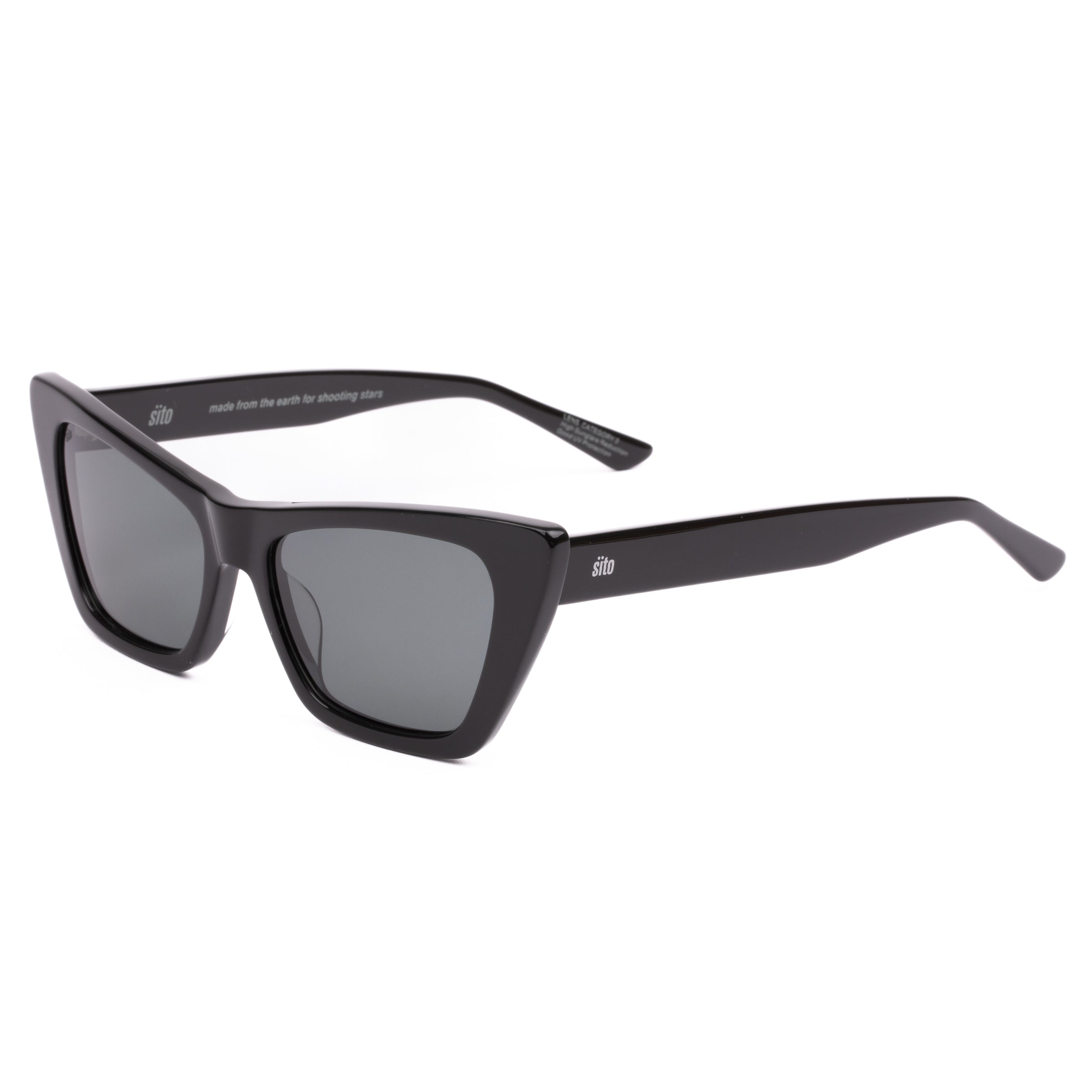 Black cat-eye sunglasses with dark lenses on a white background