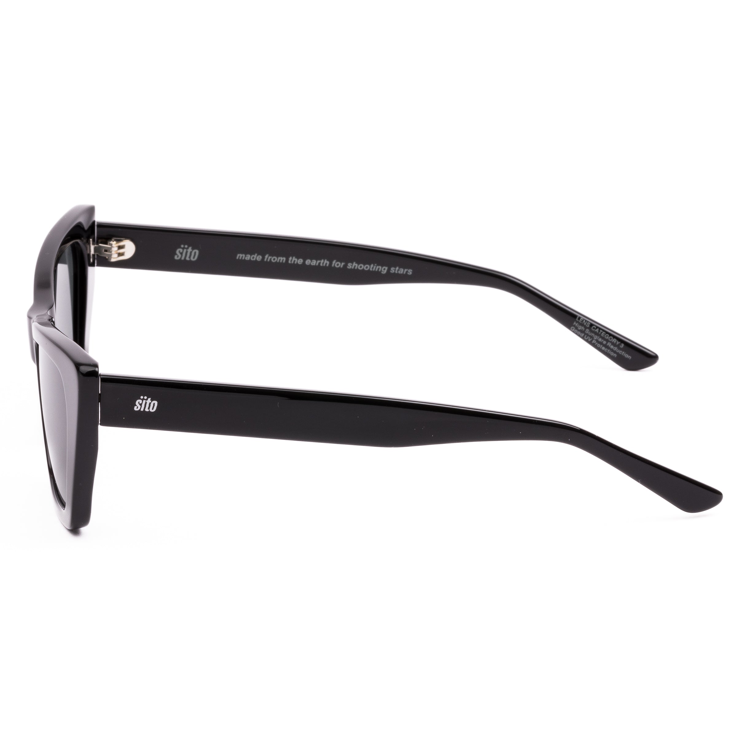 Black cat-eye sunglasses with dark lenses on a white background