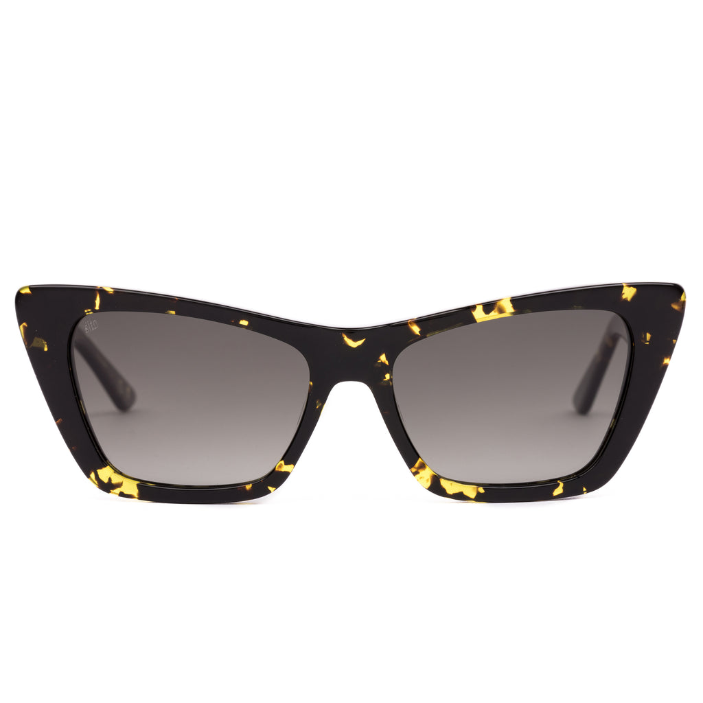 Cat-eye sunglasses with black frame and yellow accents on a white background