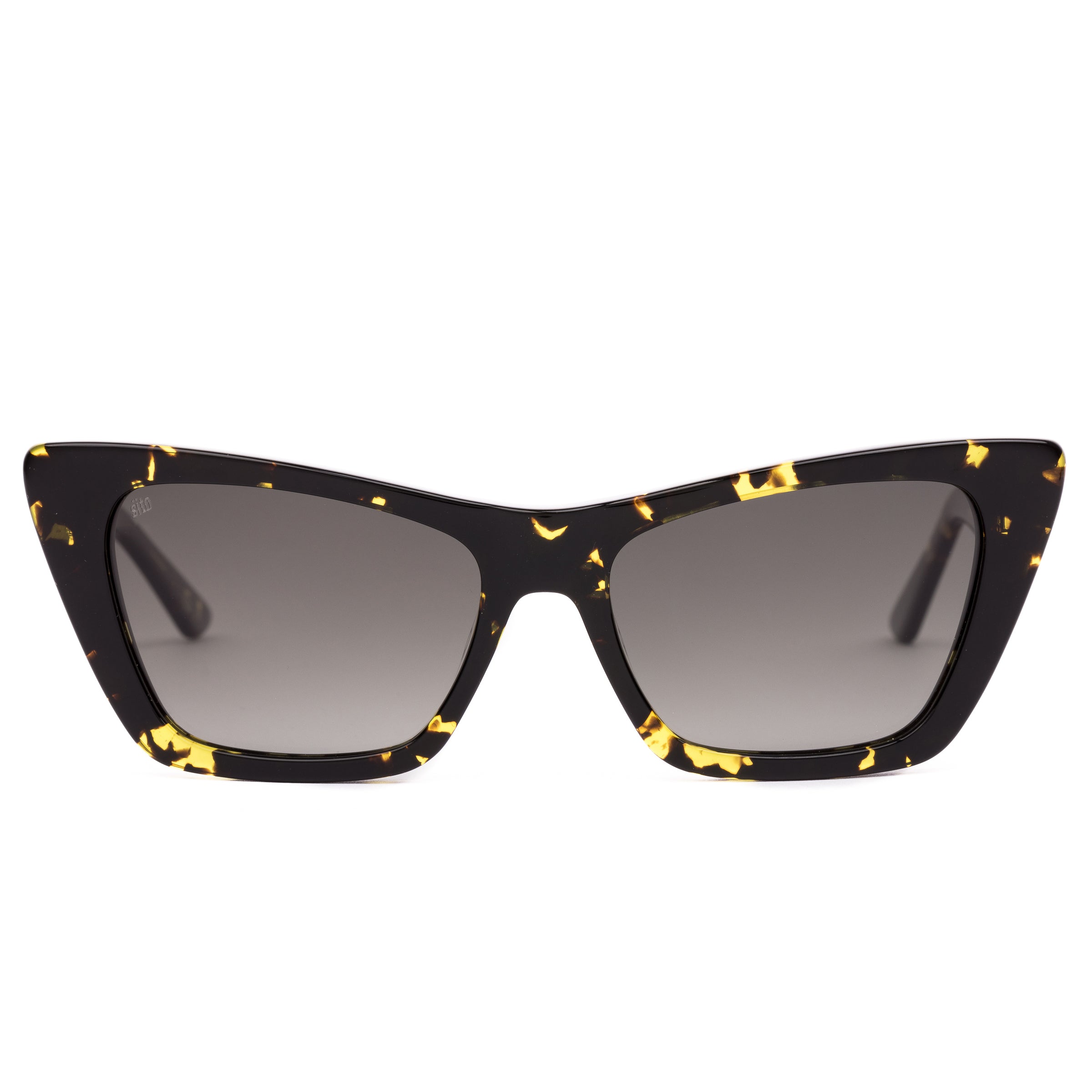 Cat-eye sunglasses with black frame and yellow accents on a white background