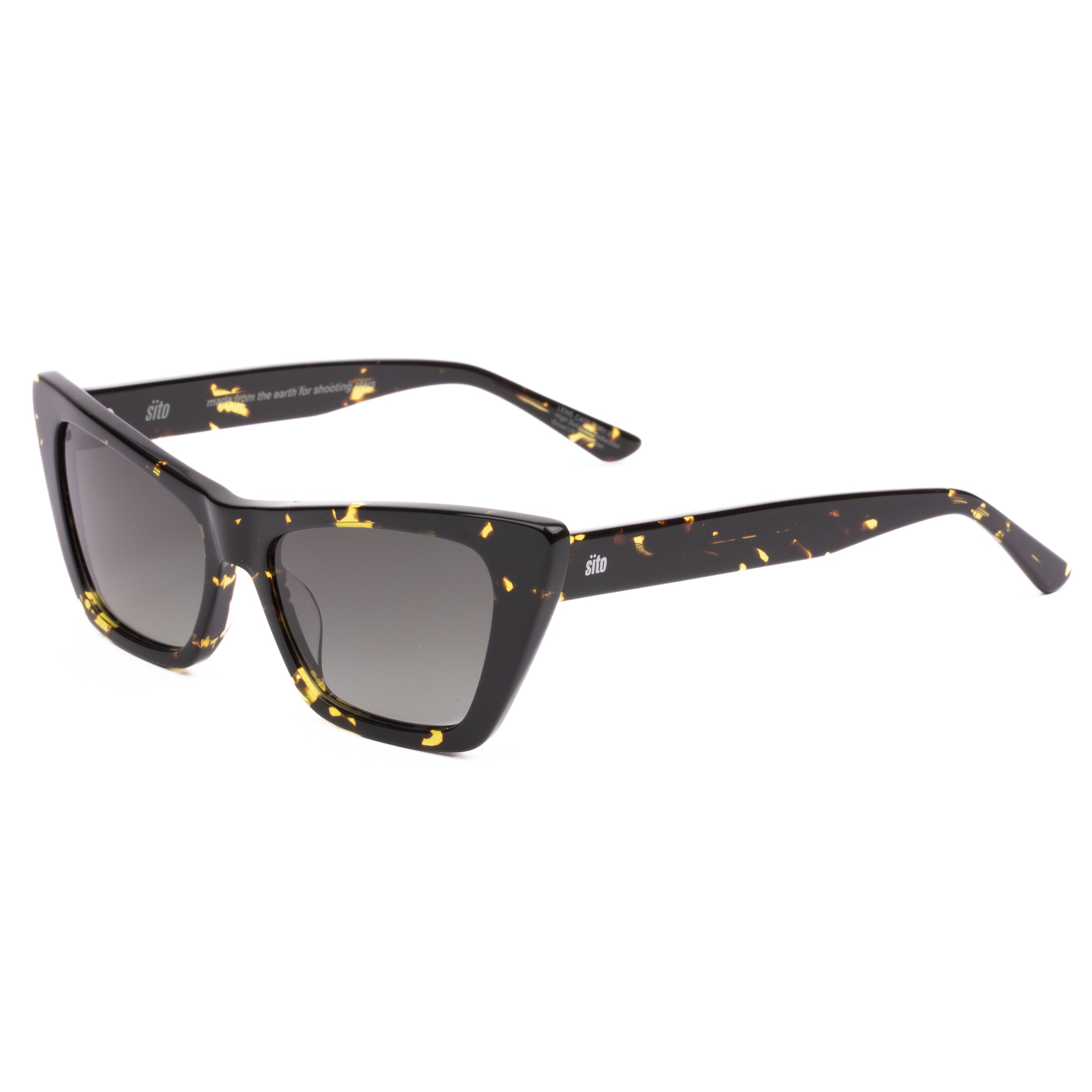Cat-eye sunglasses with black frame and yellow accents on a white background