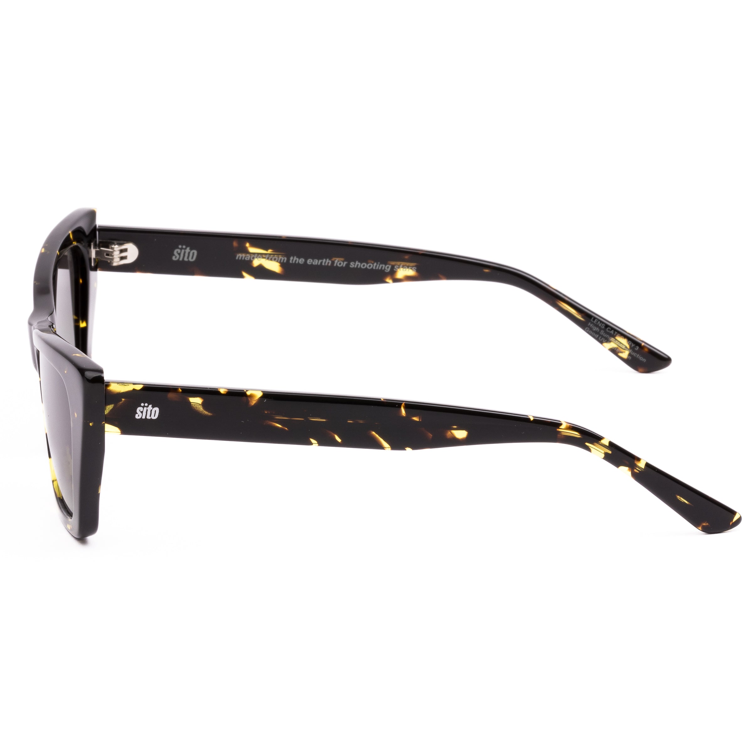 Cat-eye sunglasses with black frame and yellow accents on a white background