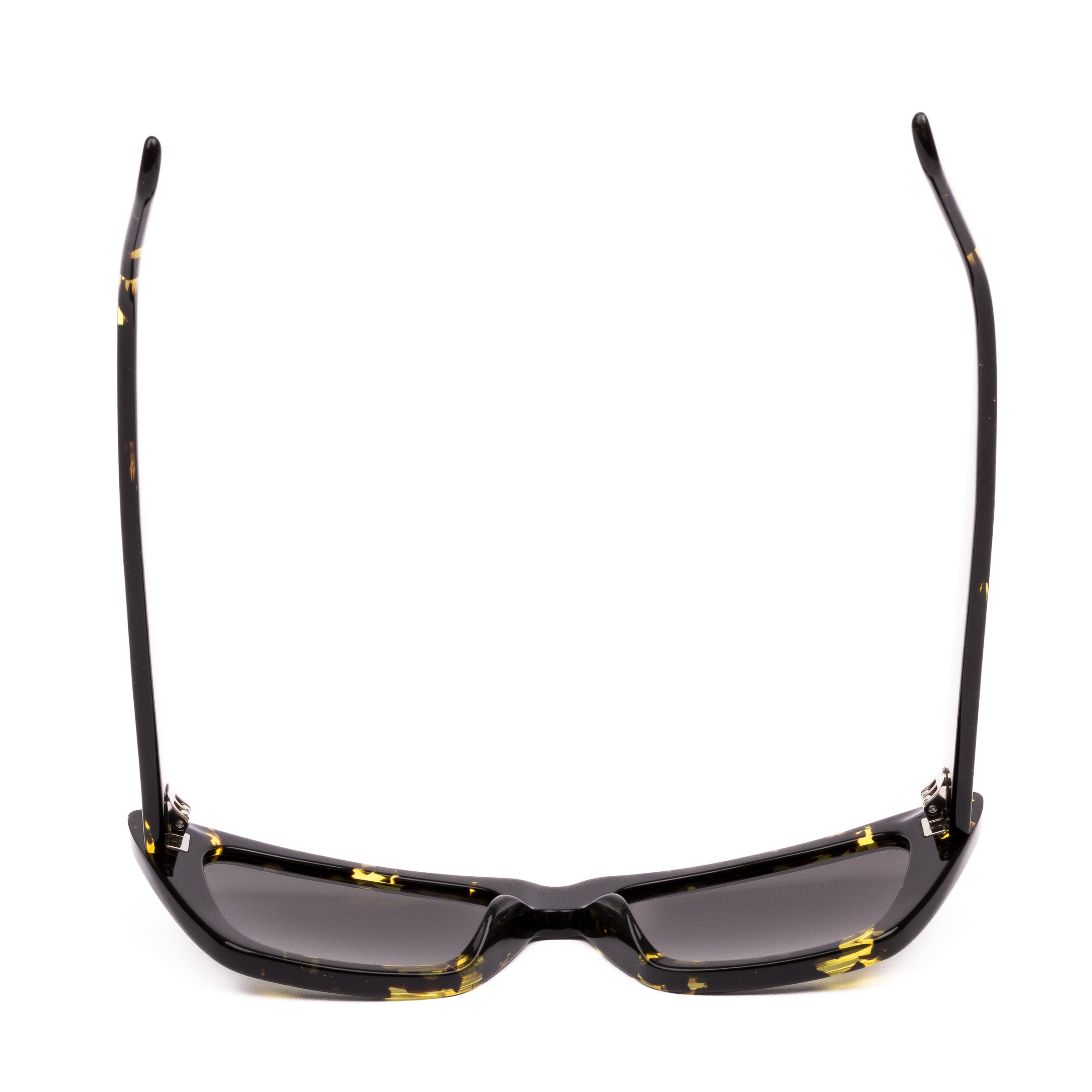 Cat-eye sunglasses with black frame and yellow accents on a white background