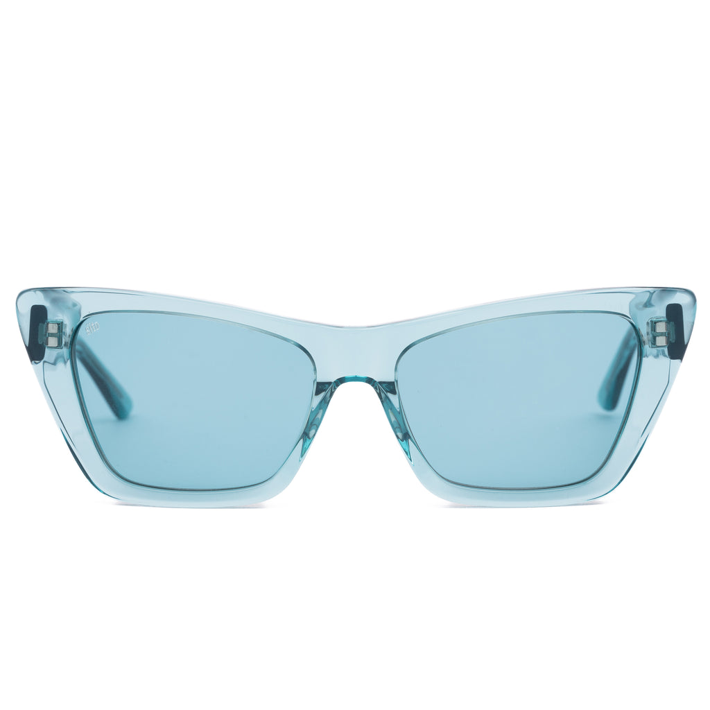 Aqua blue sunglasses with a clear frame on a white background
