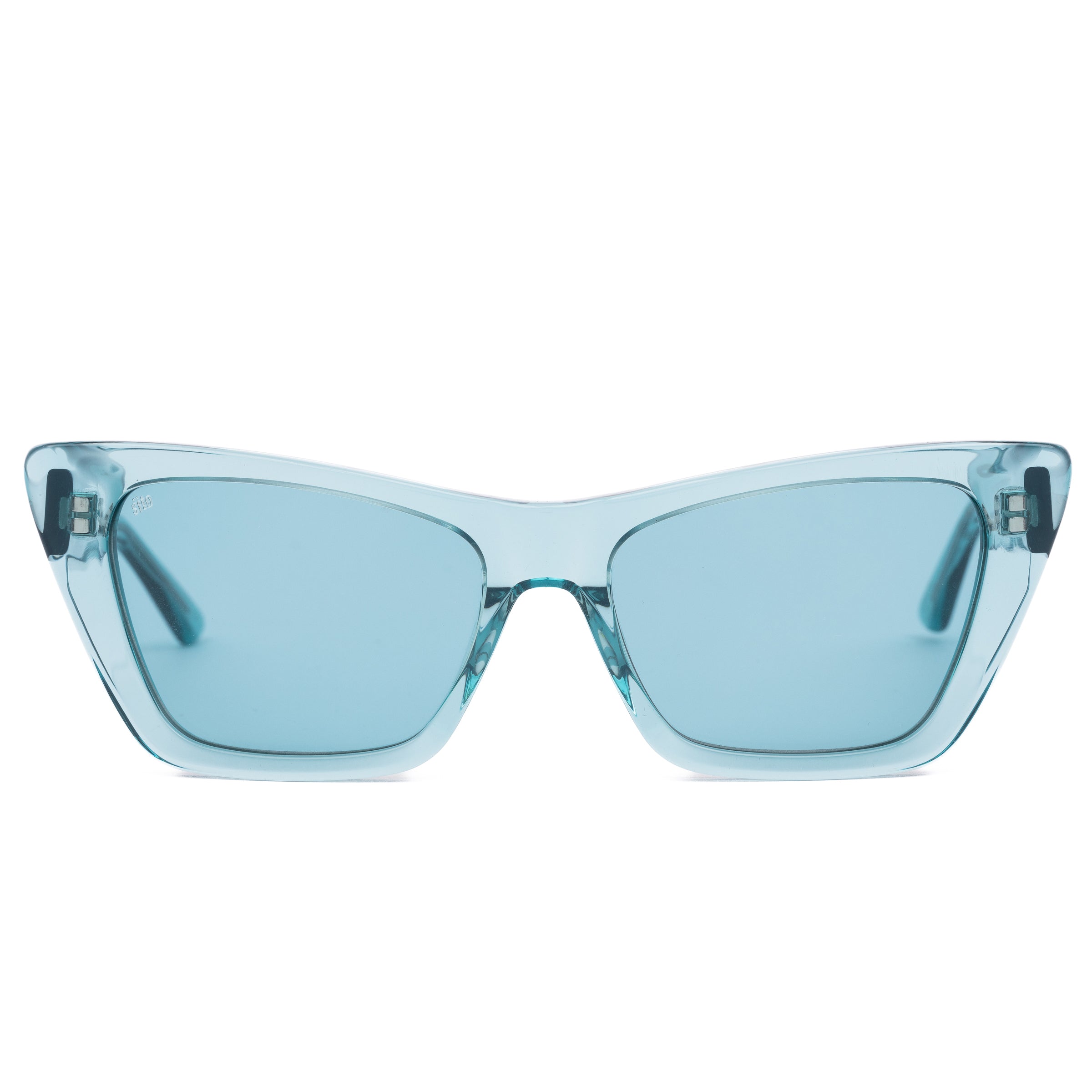 Aqua blue sunglasses with a clear frame on a white background