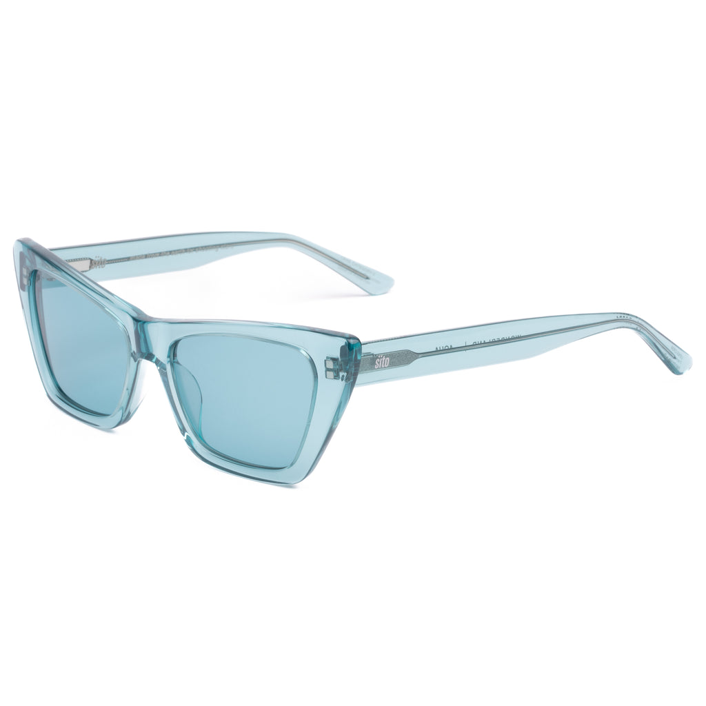 Aqua blue sunglasses with a clear frame on a white background