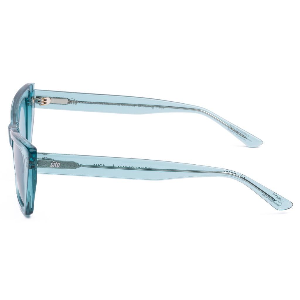 Aqua blue sunglasses with a clear frame on a white background