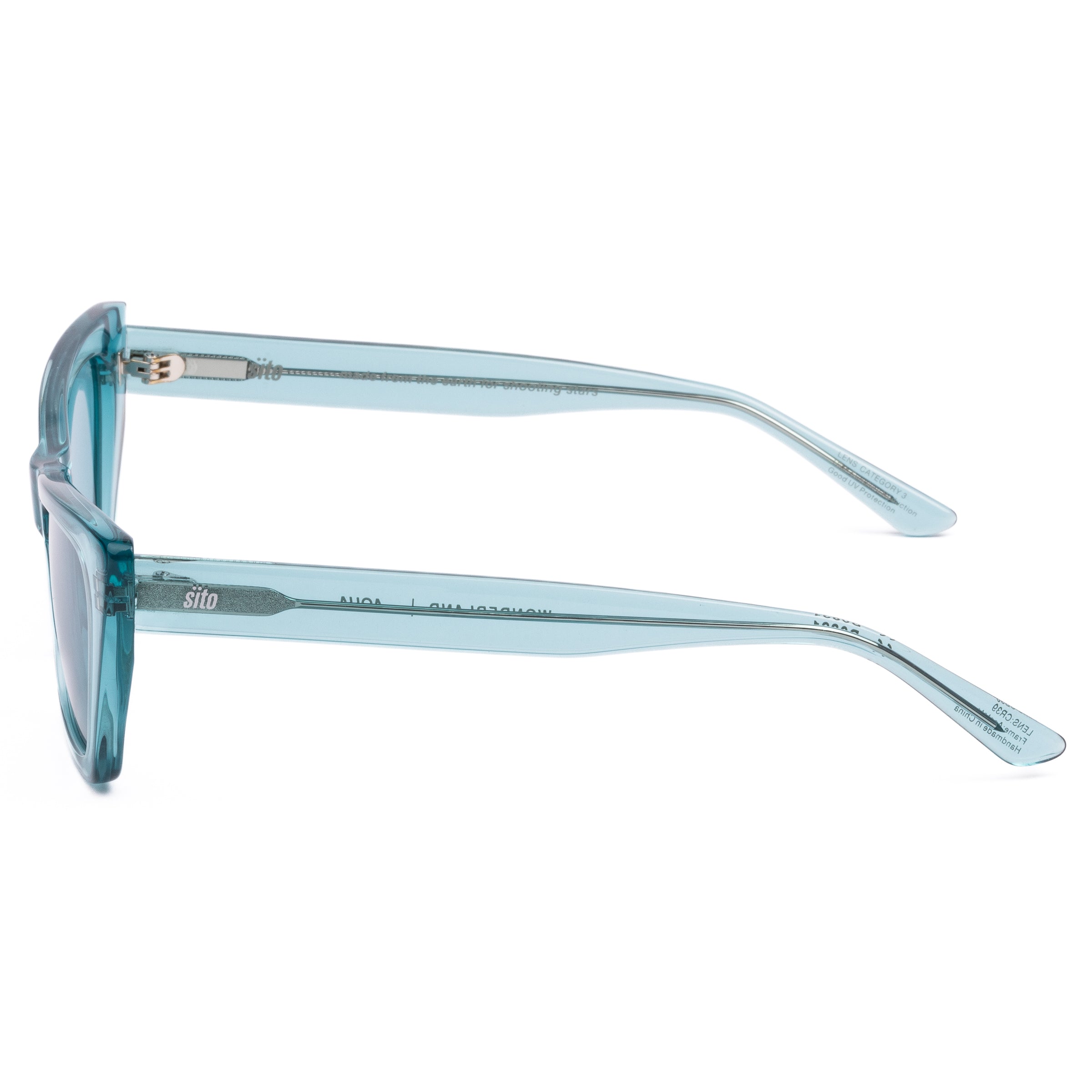 Aqua blue sunglasses with a clear frame on a white background