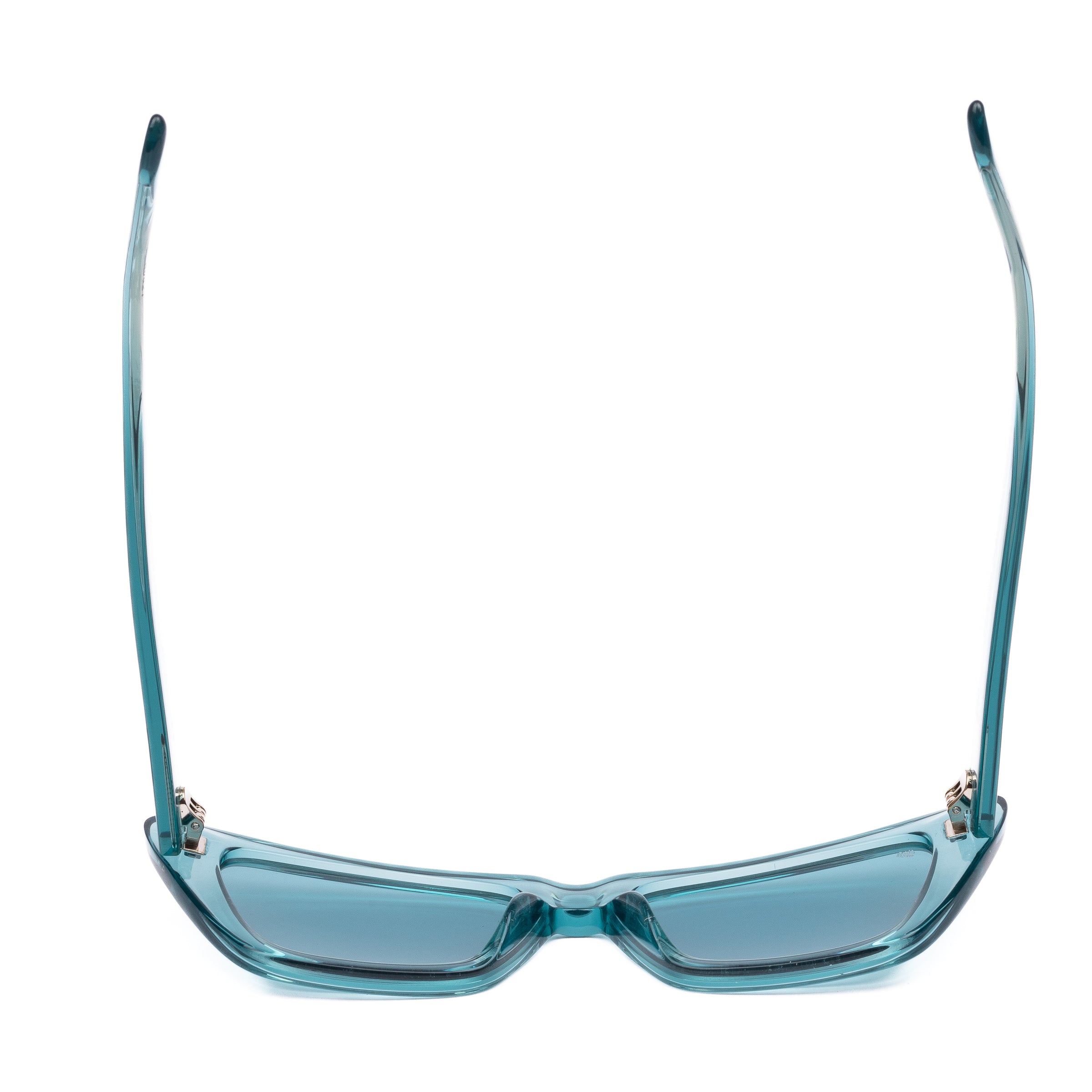 Aqua blue sunglasses with a clear frame on a white background