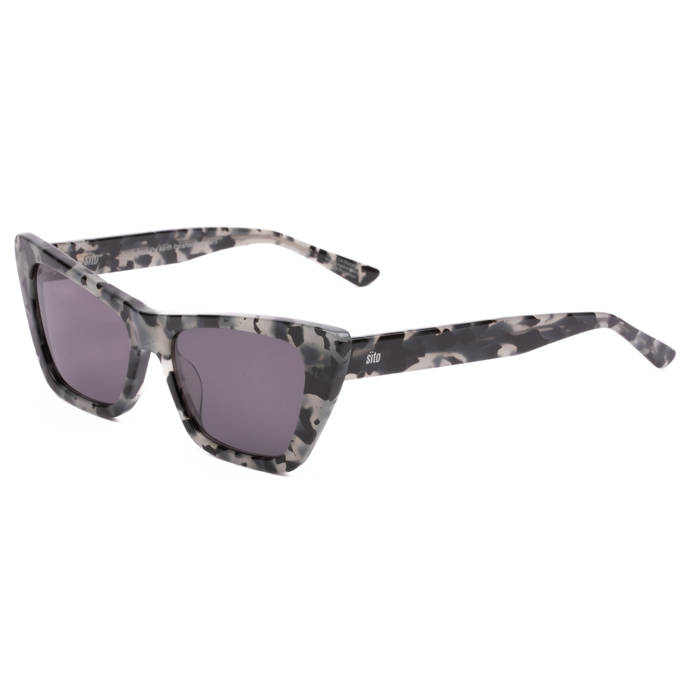 Cat-eye sunglasses with a tortoiseshell frame on a white background