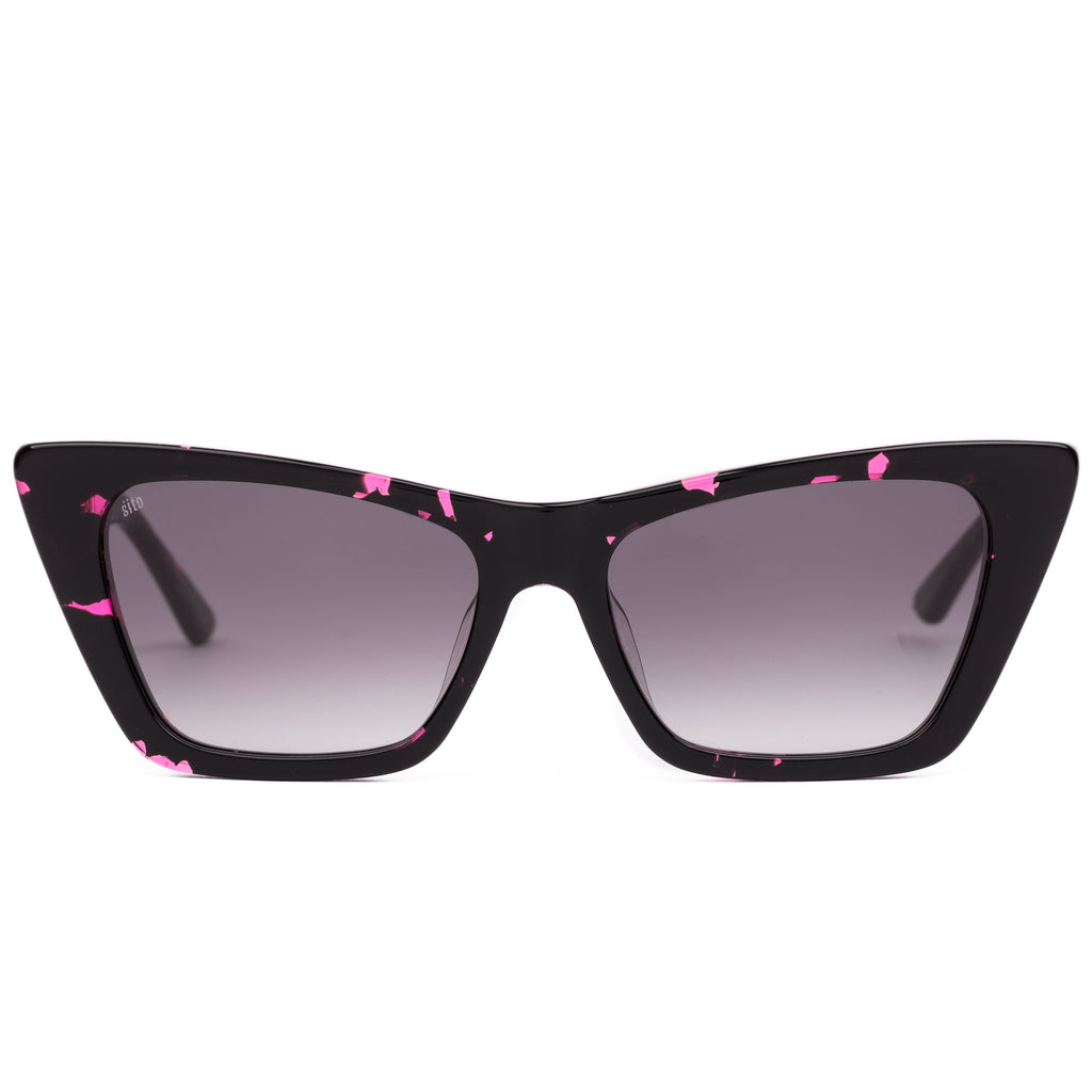 Black cat-eye sunglasses with pink patterns on a white background