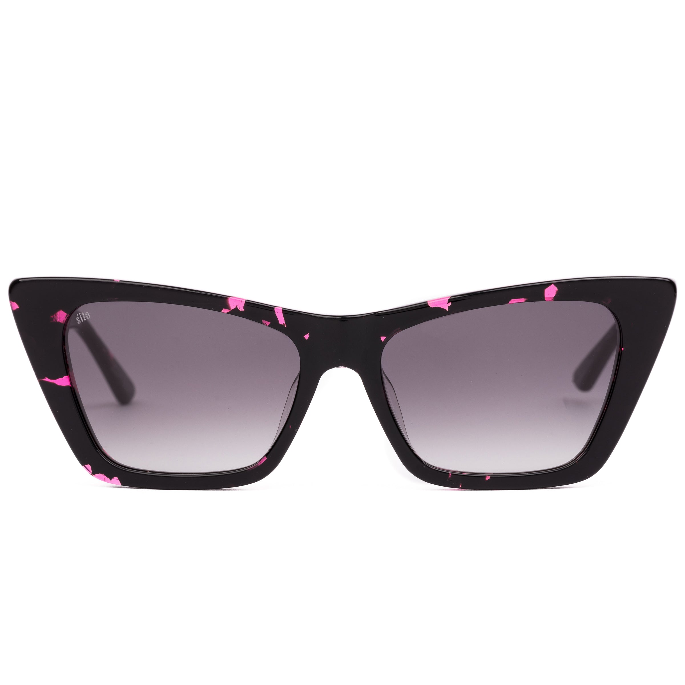 Black cat-eye sunglasses with pink patterns on a white background