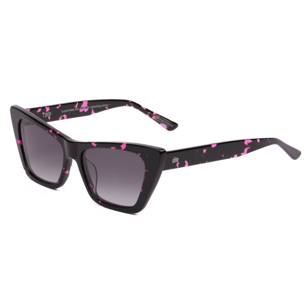 Black cat-eye sunglasses with pink patterns on a white background
