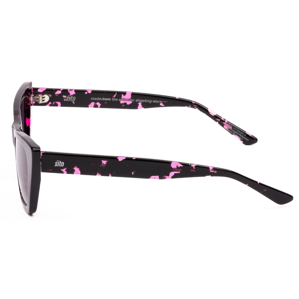 Black cat-eye sunglasses with pink patterns on a white background