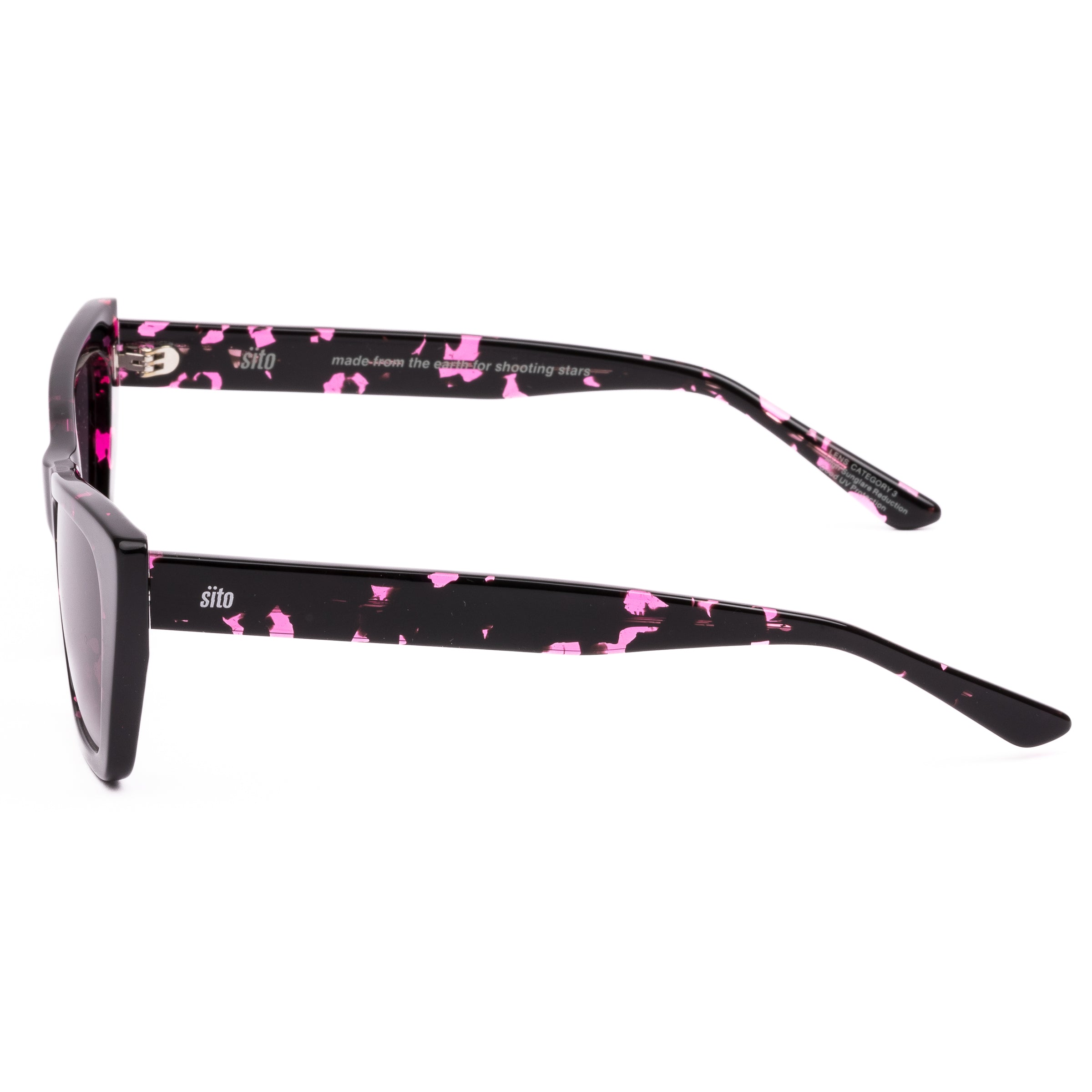 Black cat-eye sunglasses with pink patterns on a white background