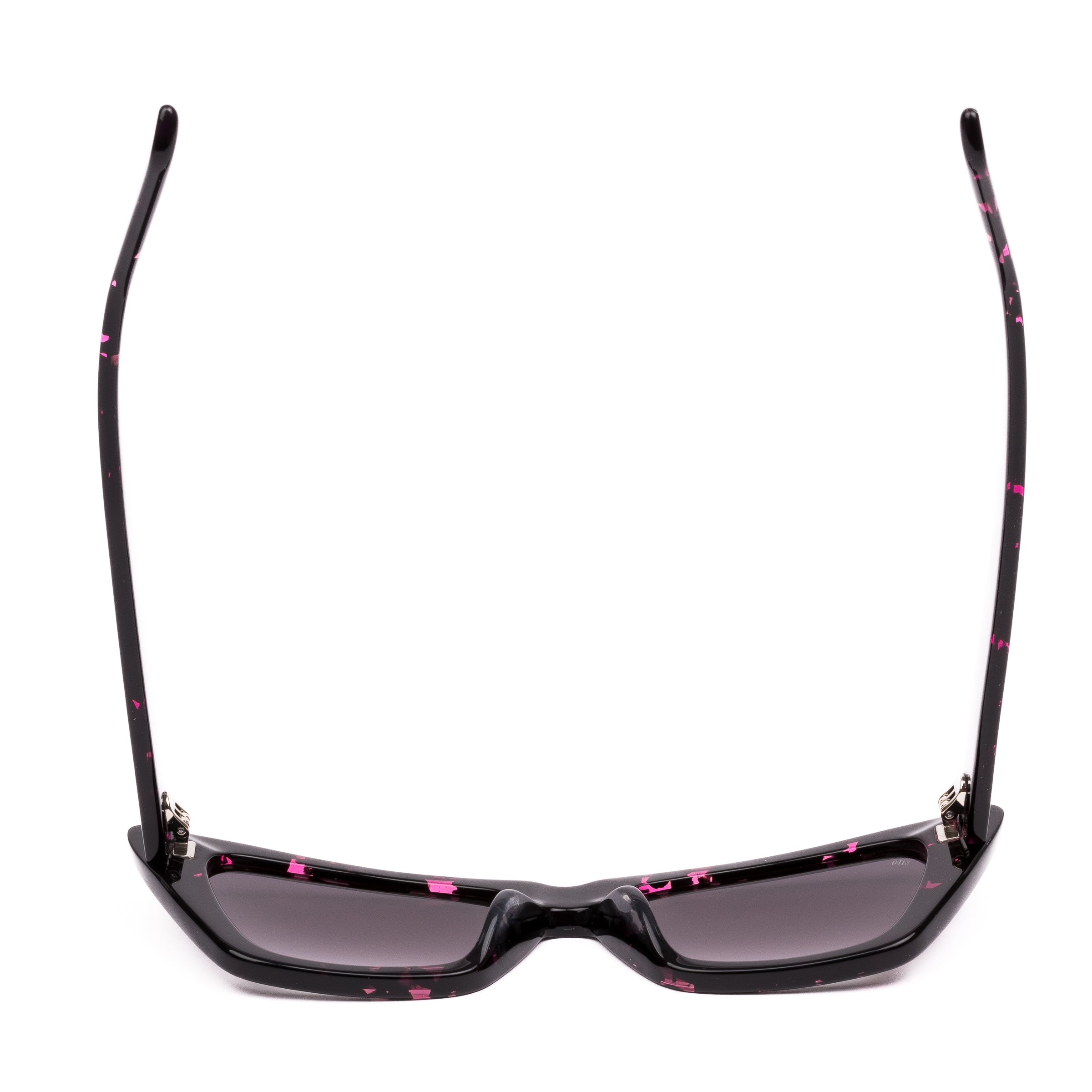 Black cat-eye sunglasses with pink patterns on a white background