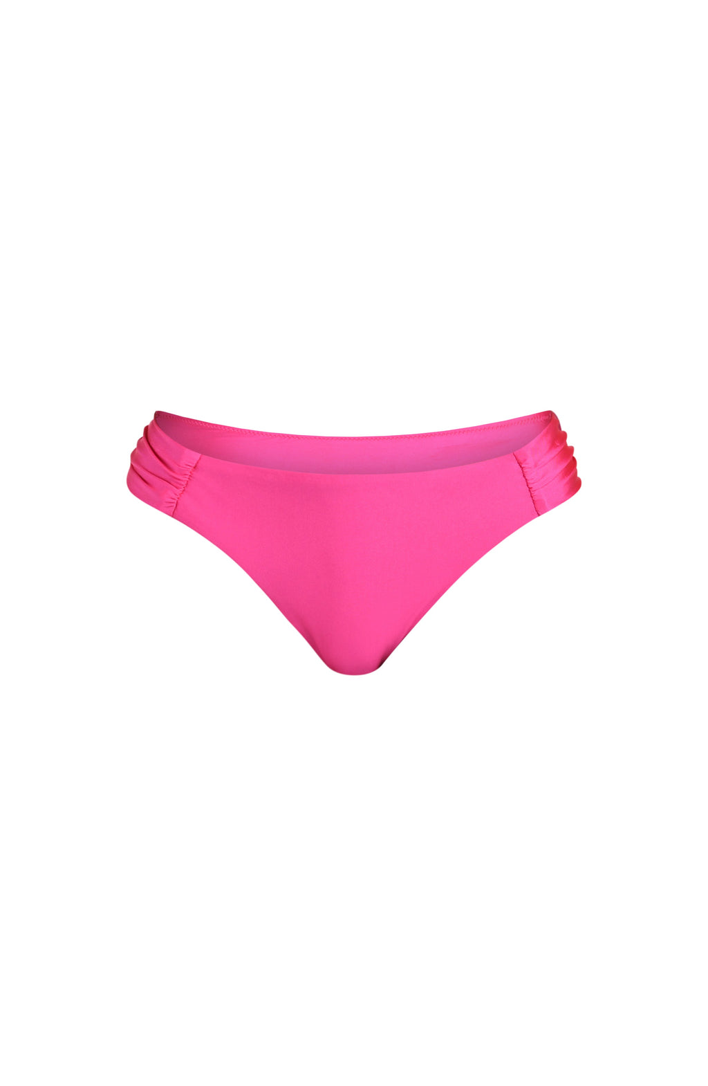 Floating image of a bright pink hipster bikini bottom with shirred sides and moderate rear coverage.