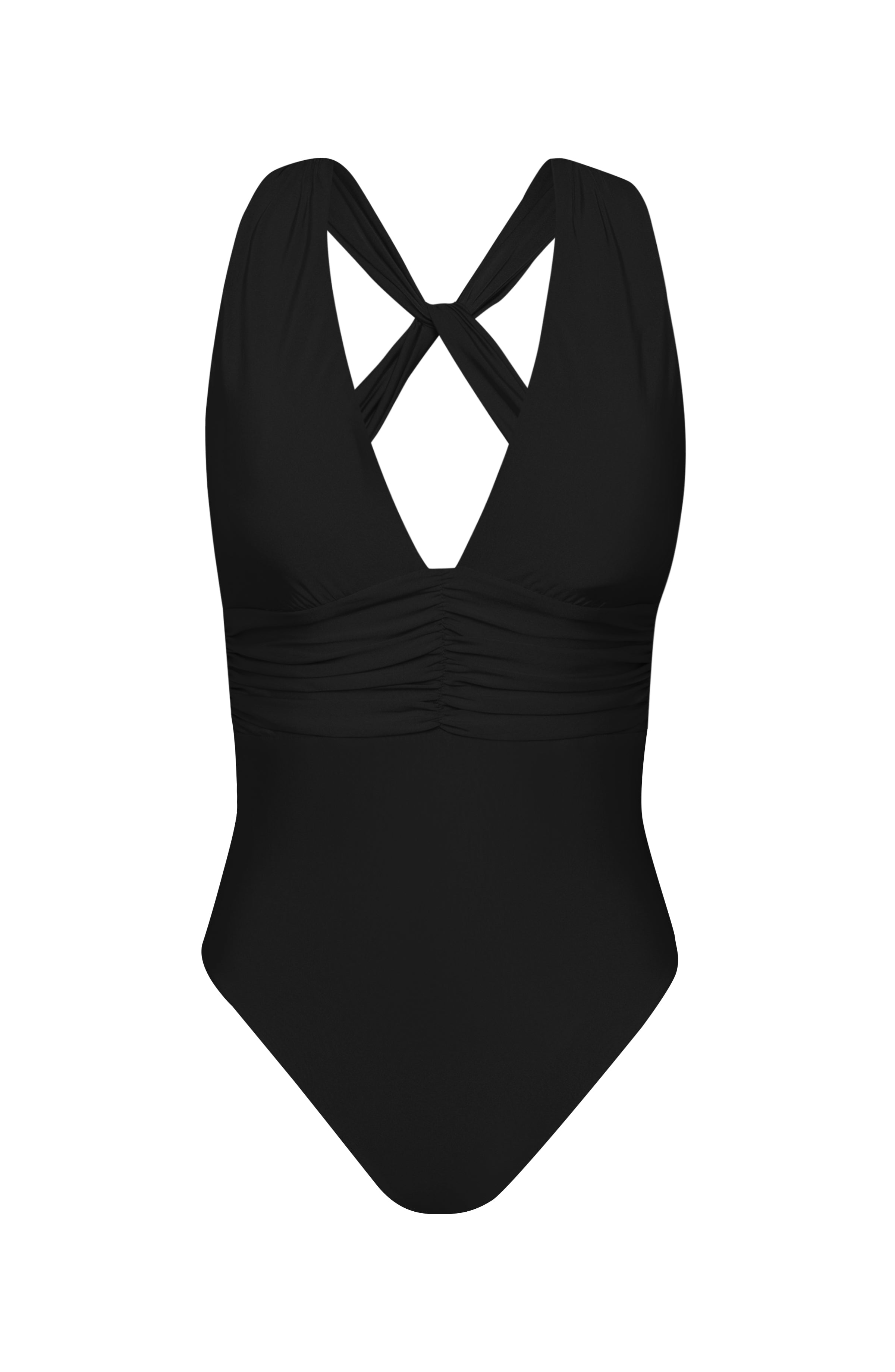 Black one-piece swimsuit with criss-cross back design on a white background