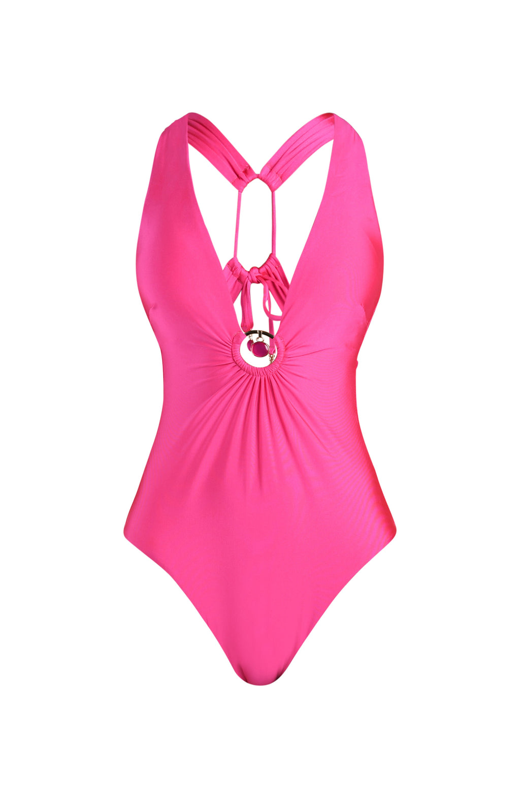 Floating image of a bright pink one-piece swimsuit with a deep plunging neckline and gold ring detail at the center front. 