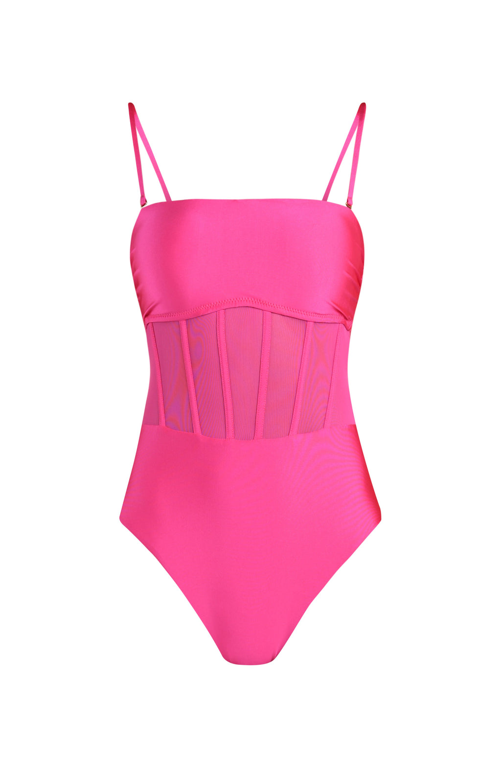 Floating image of a bright pink one-piece swimsuit with thin adjustable straps, a straight neckline, and sheer mesh corset-style paneling at the waist.