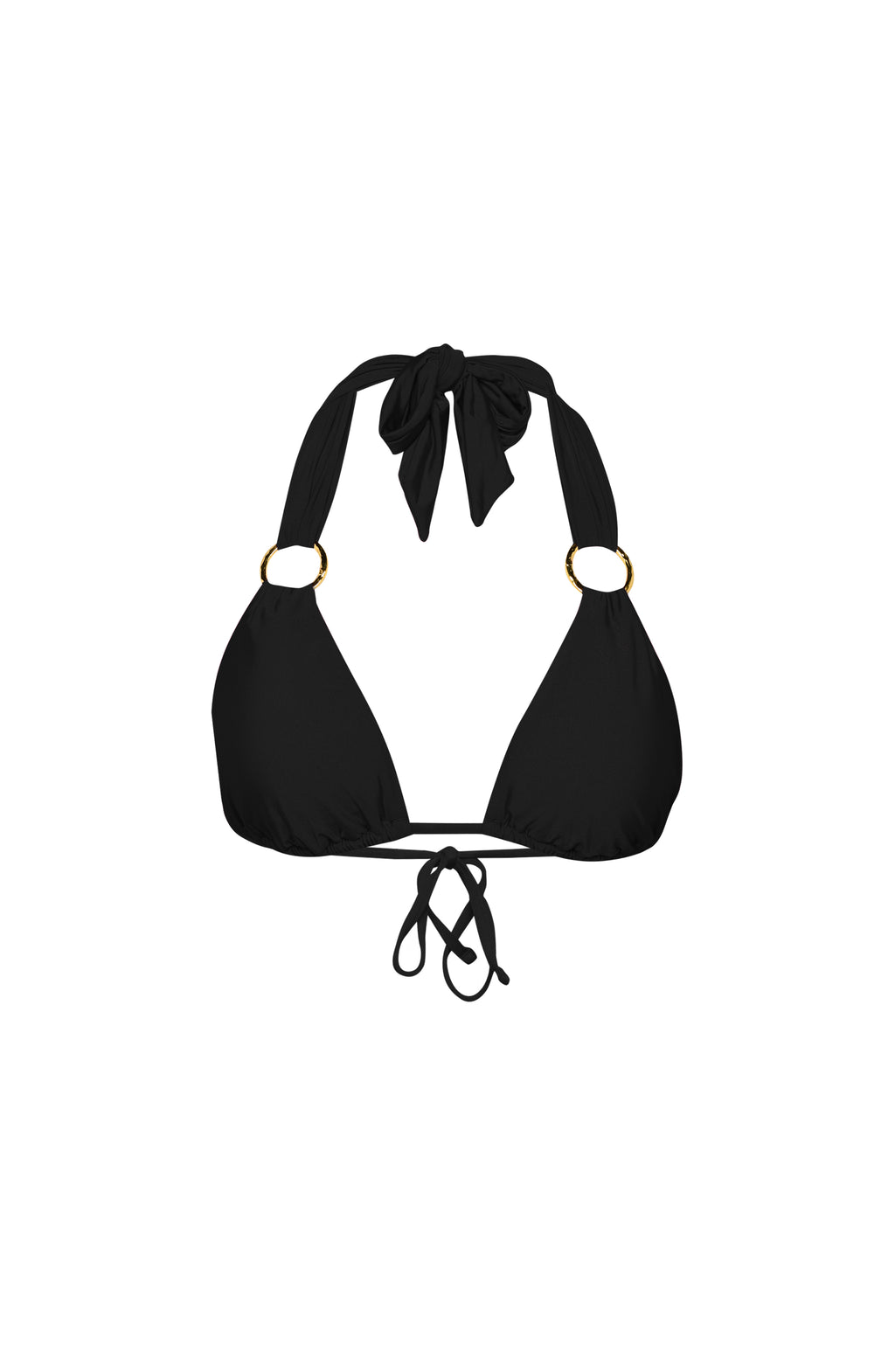 Black bikini top with bow and pearl-like embellishments on a white background