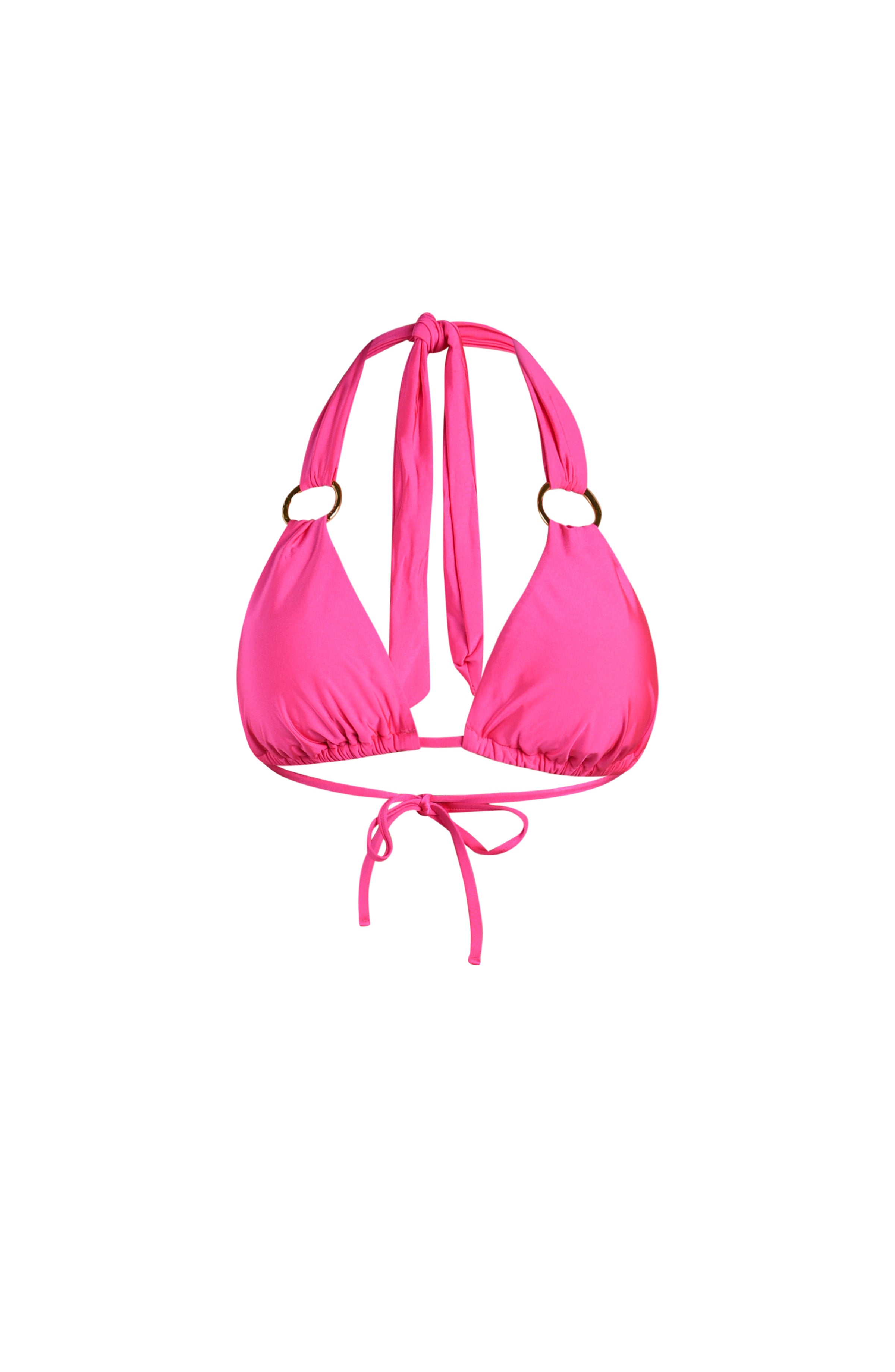 Floating image of a bright pink halter bikini top with triangle cups and gold ring accents on the straps. This is paired with matching bikini bottoms.